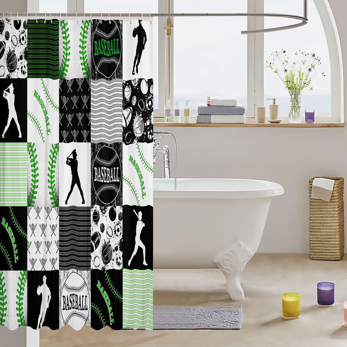 Baseball Shower Curtain 72x84 Softball Bath Curtain for Kids Boys Girls Sports Game Soccer Volleyball Bathroom Curtain Green Patchwork Ball Game Home Bathtubs Decor Waterproof Fabric Curtain
