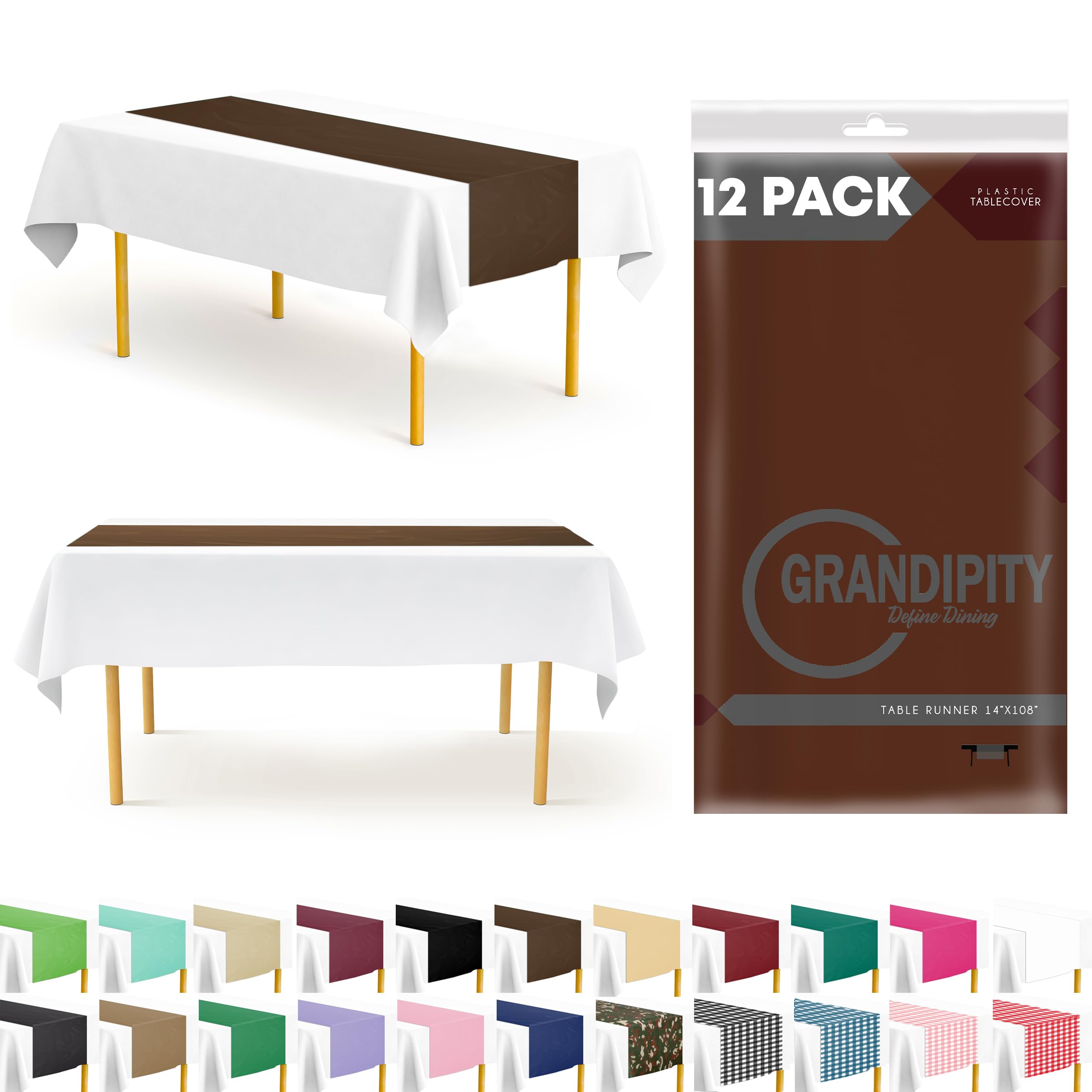Brown 12 Pack Premium Disposable Plastic Table Runner 14 x 108 Inch. Table Runner for Dinner Parties & Events by Grandipity