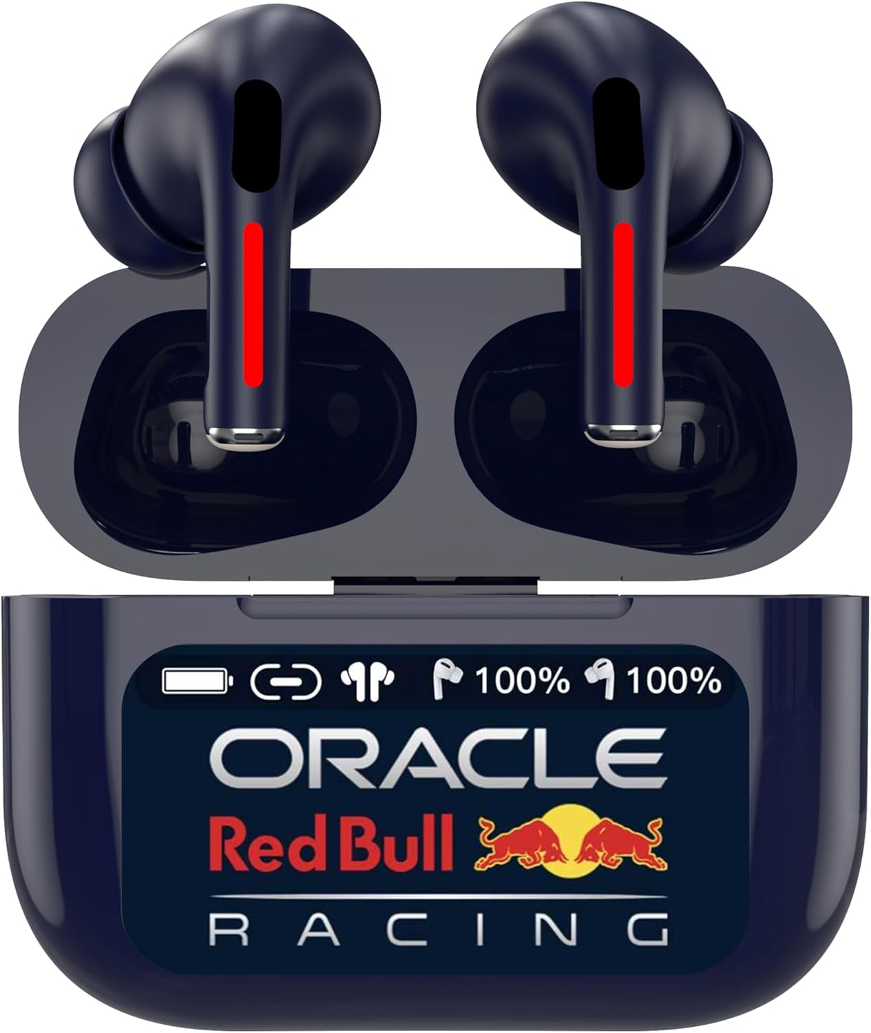 Red Bull Racing RB-EB110 earbuds in their open charging case, showing the earbuds and battery indicators.