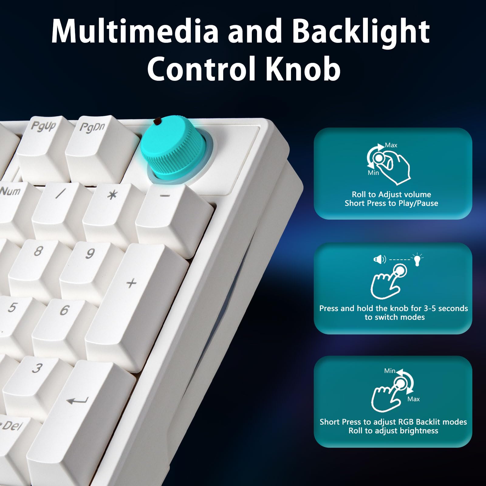 HUO JI Tastiera meccanica di gioco di 96% cablata, LED retroilluminata, commutatore rosso della fodera | Manopola del volume, anti-ghosting, doppio colpo lucido attraverso i copritastri, tastiera illuminata per PC Mac, bianco
