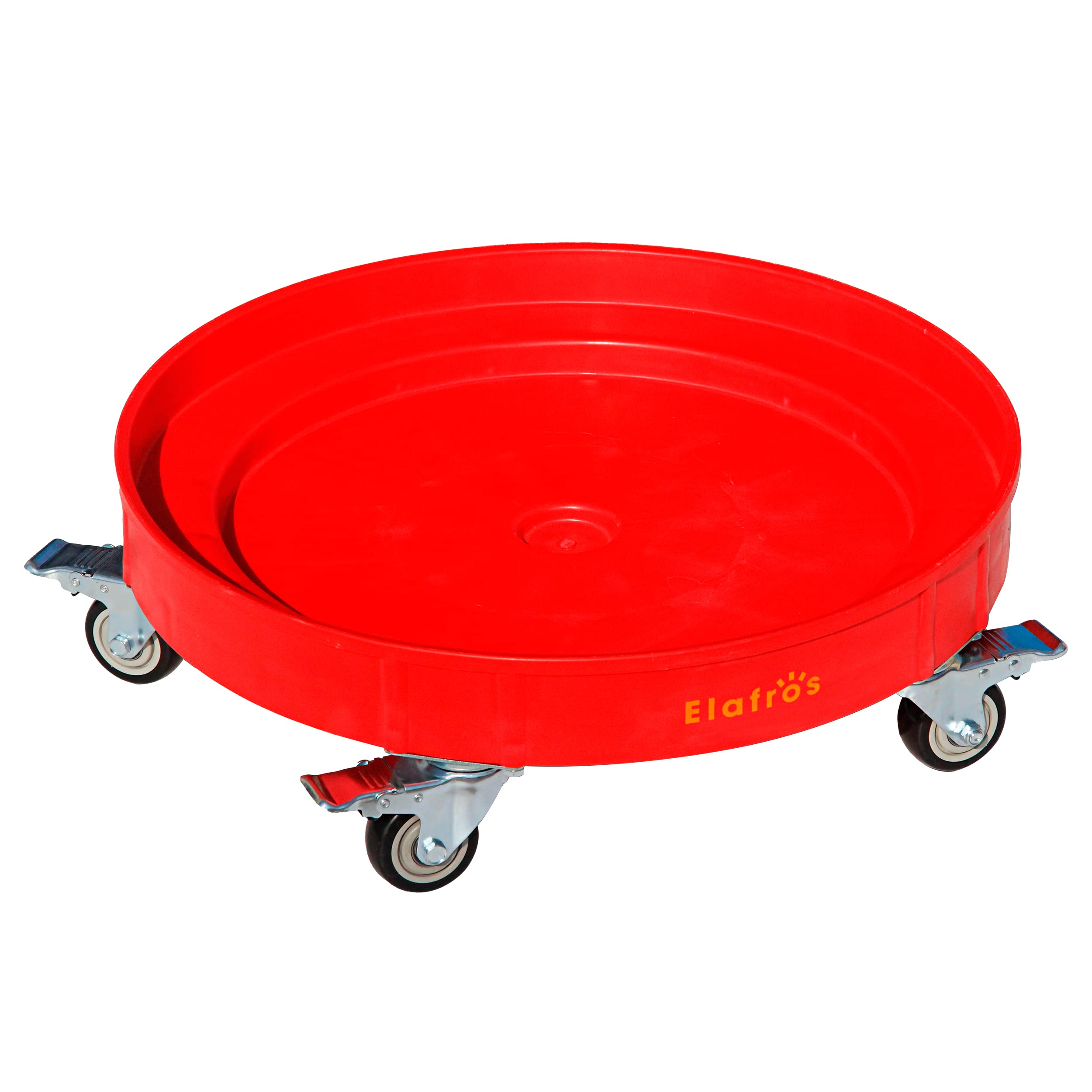 ELAFROS 30 Gallon and 55 Gallon Heavy Duty Plastic Drum Dolly – Durable Plastic Drum Cart 900 lb. Capacity- Barrel Dolly with 5 Swivel Casters Wheel, Red, with Brake