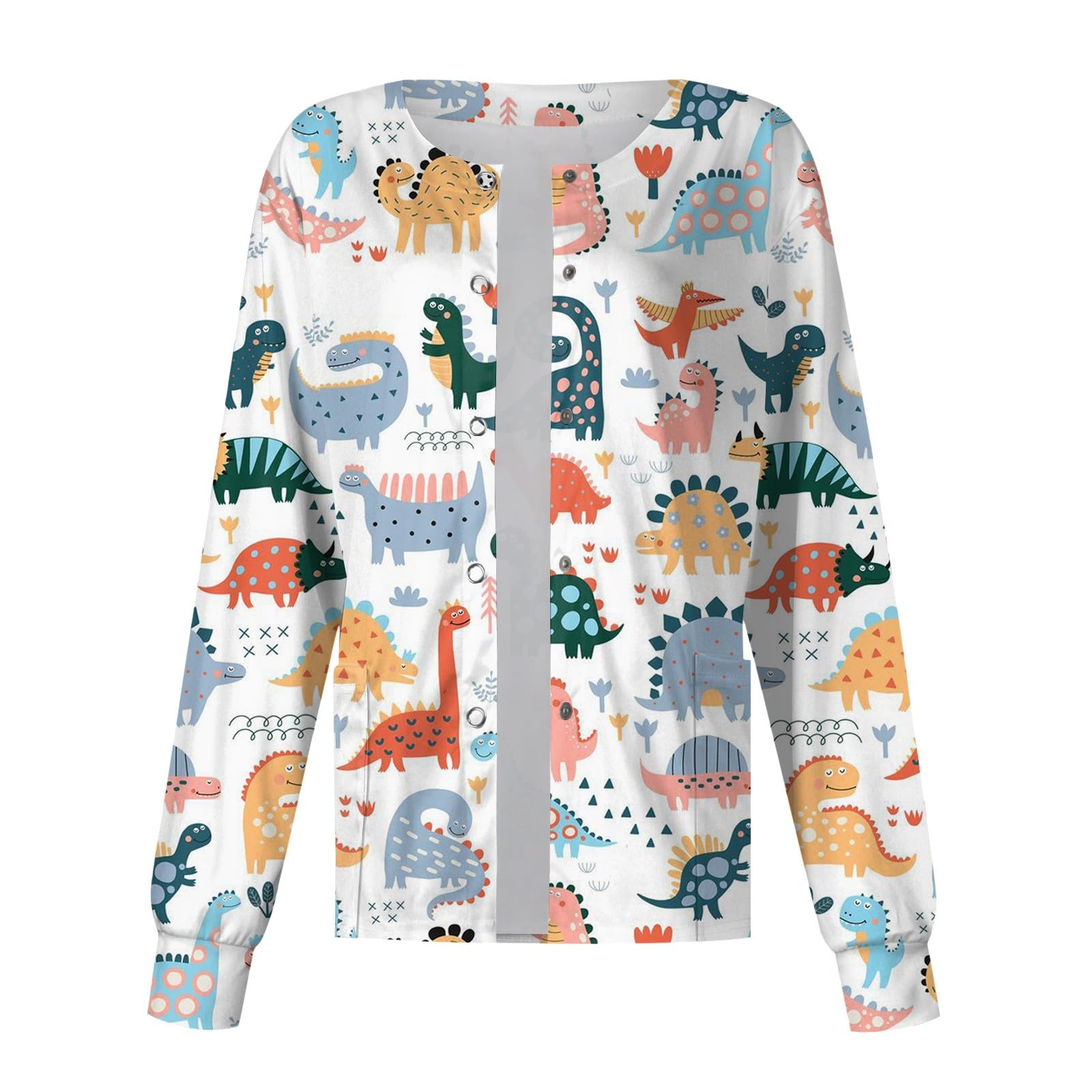 Scrub Jackets for Woman Cute Dinosaur Print Warm Up Sweatshirts Loose Crewneck Casual Pullover Shirt Tops