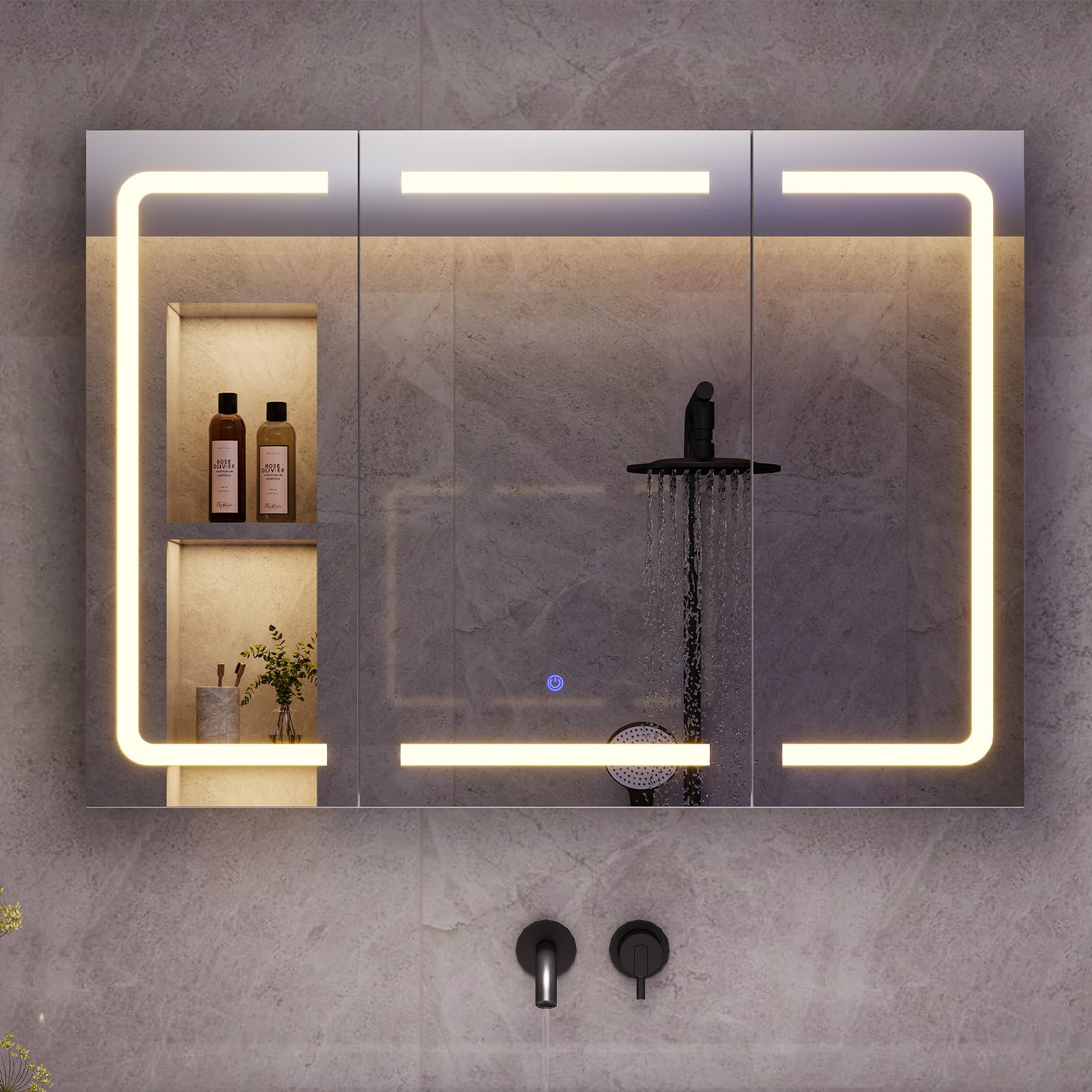 Armoire Salle de Bain avec Miroir LED Lumineux 3 Températures + Intensité Réglable, Prise Électrique (2 AC + 2 USB), Capteur Tactile - 3 Étagères Réglables -Design Moderne 60x80x16 cm(HxLxP)