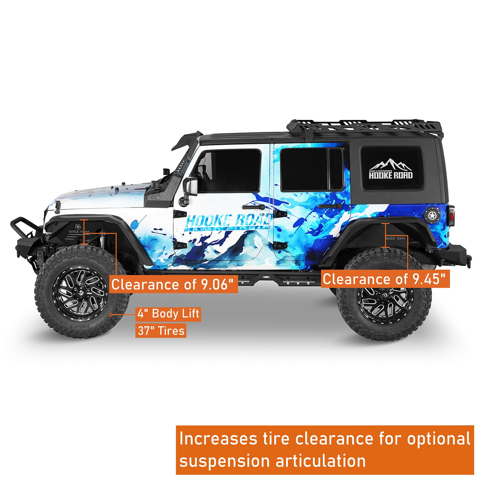 Hooke Road Flat Fender Flares for 2007-2018 Jeep Wrangler JK 24 Doors | Front & Rear Steel Fenders Enhanced Flat Style Offroad Wheel Guard Extra Tire Clearance Moderate Drilling Install product thumbnail 8