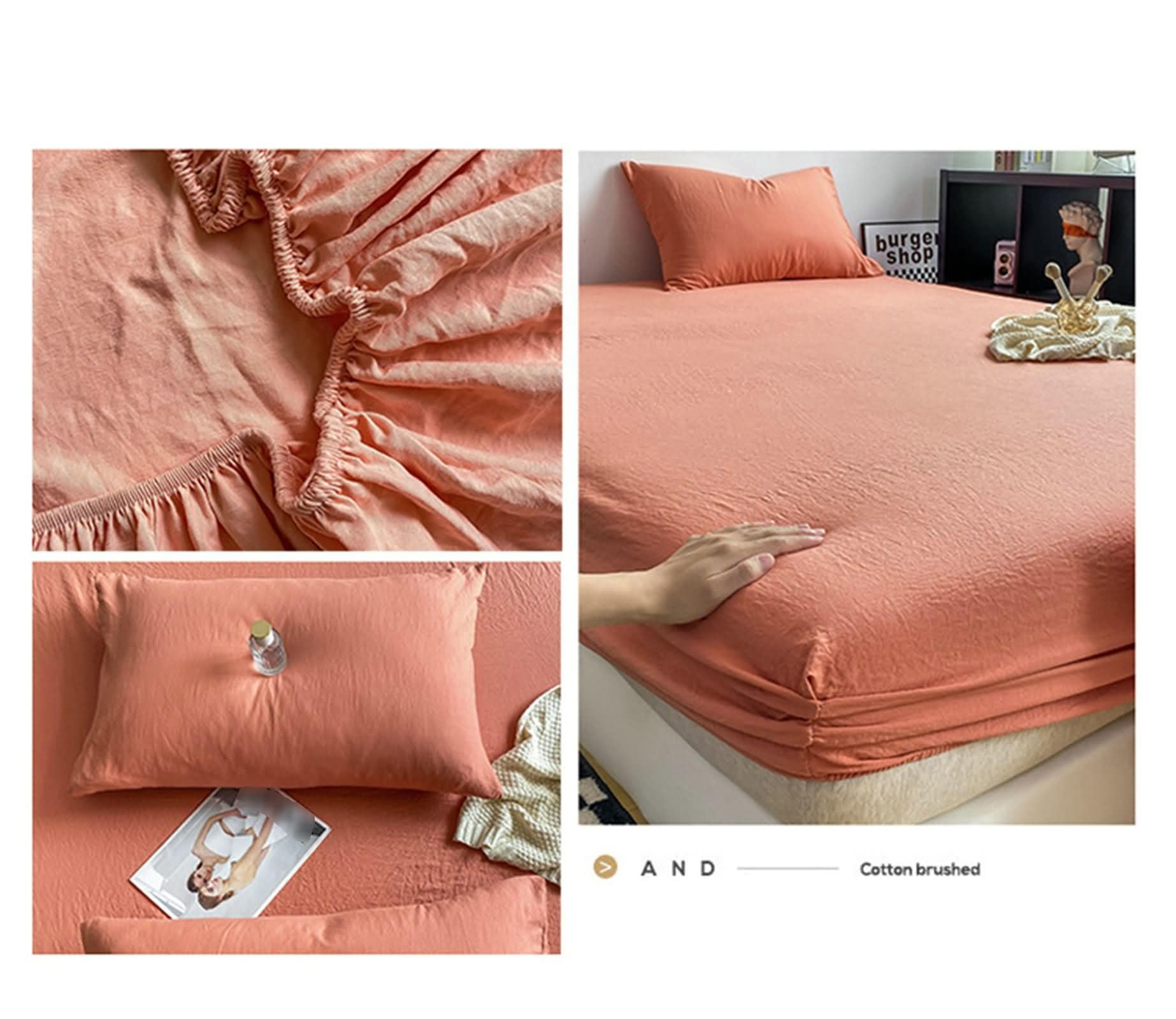 Lot 3 Drap Housse en Coton Lavé Elastique, Couleur Unie, 120 x 200 CM + 2 Taies d'oreillers, Orange