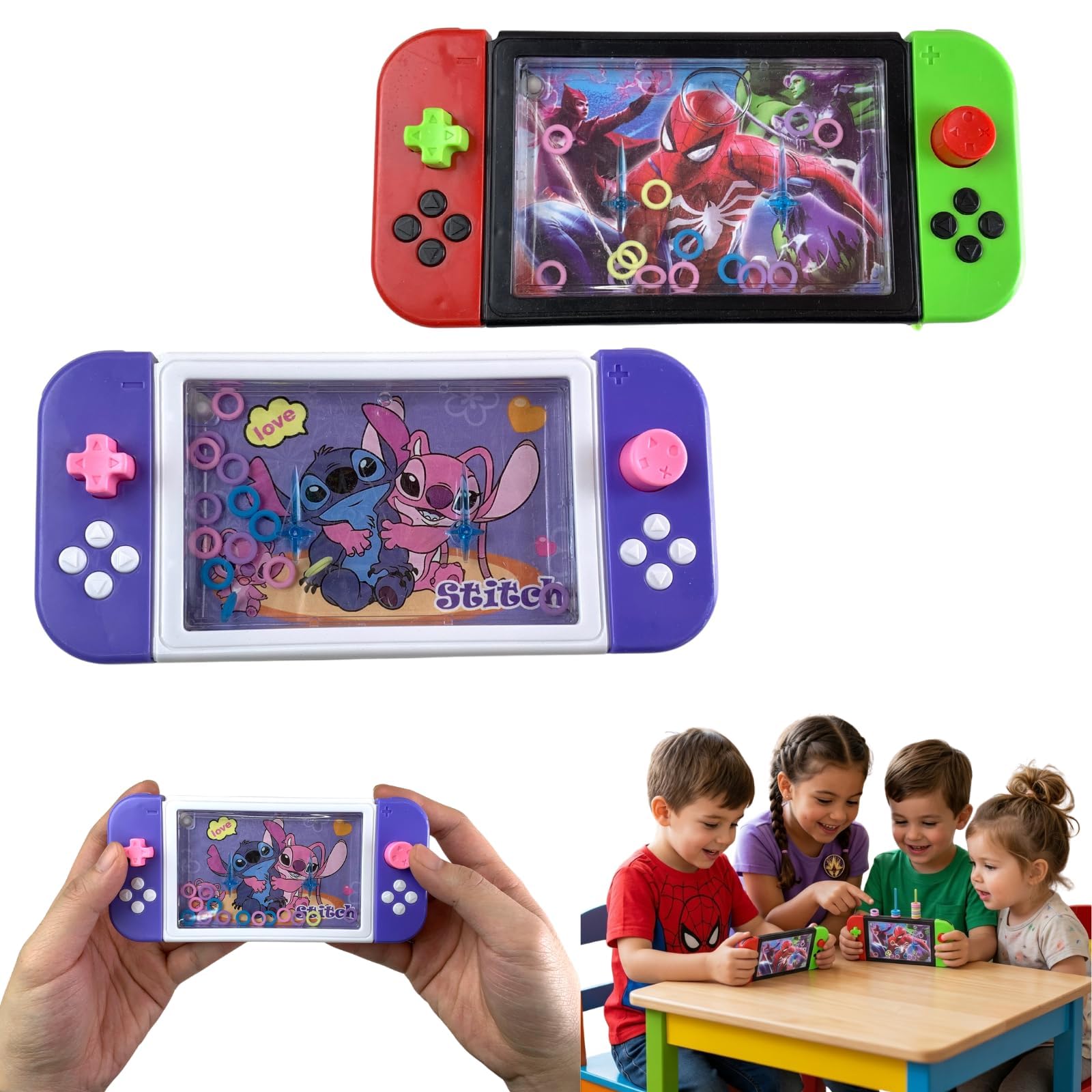 Marvel Avengers & Stitch Water Ring Game for Kids 3+, Licensed Handheld Travel Toys, Retro Push-Button Sensory Games, Party Bag Fillers, Screen-Free Fun - 2Pk — image 1