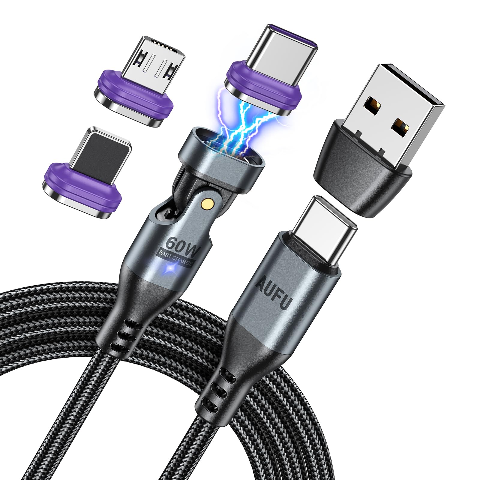 AUFU Cavo Di Ricarica Magnetico USB C 2 In 1 – 100W, 480 Mbps, Testa Piatta, 1m/1,8m, Con Adattatore Micro USB E USB C - 6