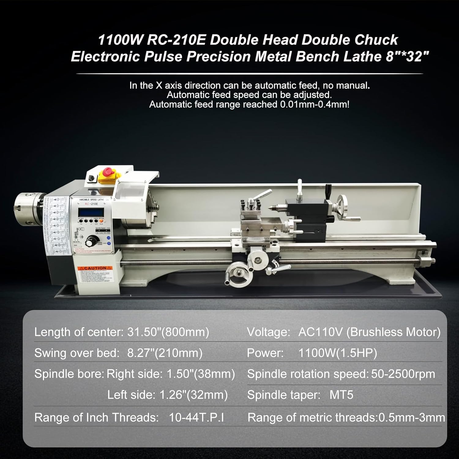 Double Head Double Chuck Metal Bench Lathe 1100W (1.5HP), 8"x32" Electronic Pulse Precision Lathe, 50-2500RPM Infinitely Variable Speed, MT5 Spindle - 110V Brushless Motor