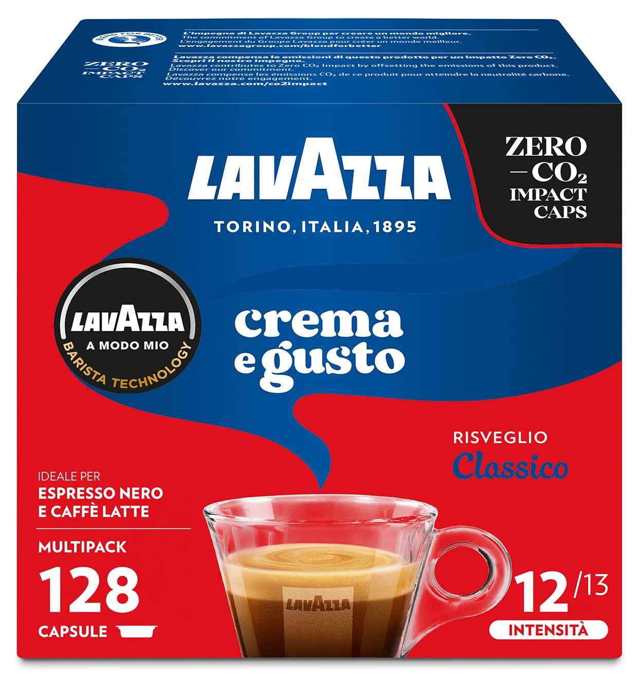 Lavazza A Modo Mio Crema y Sabor Clásico, 128 Cápsulas Café Espresso con Notas de Chocolate y Frutas Secas, Arabica y Robusta, Intensidad 12/13, Asado Mediano, 8 Cajas de 16 Cápsulas