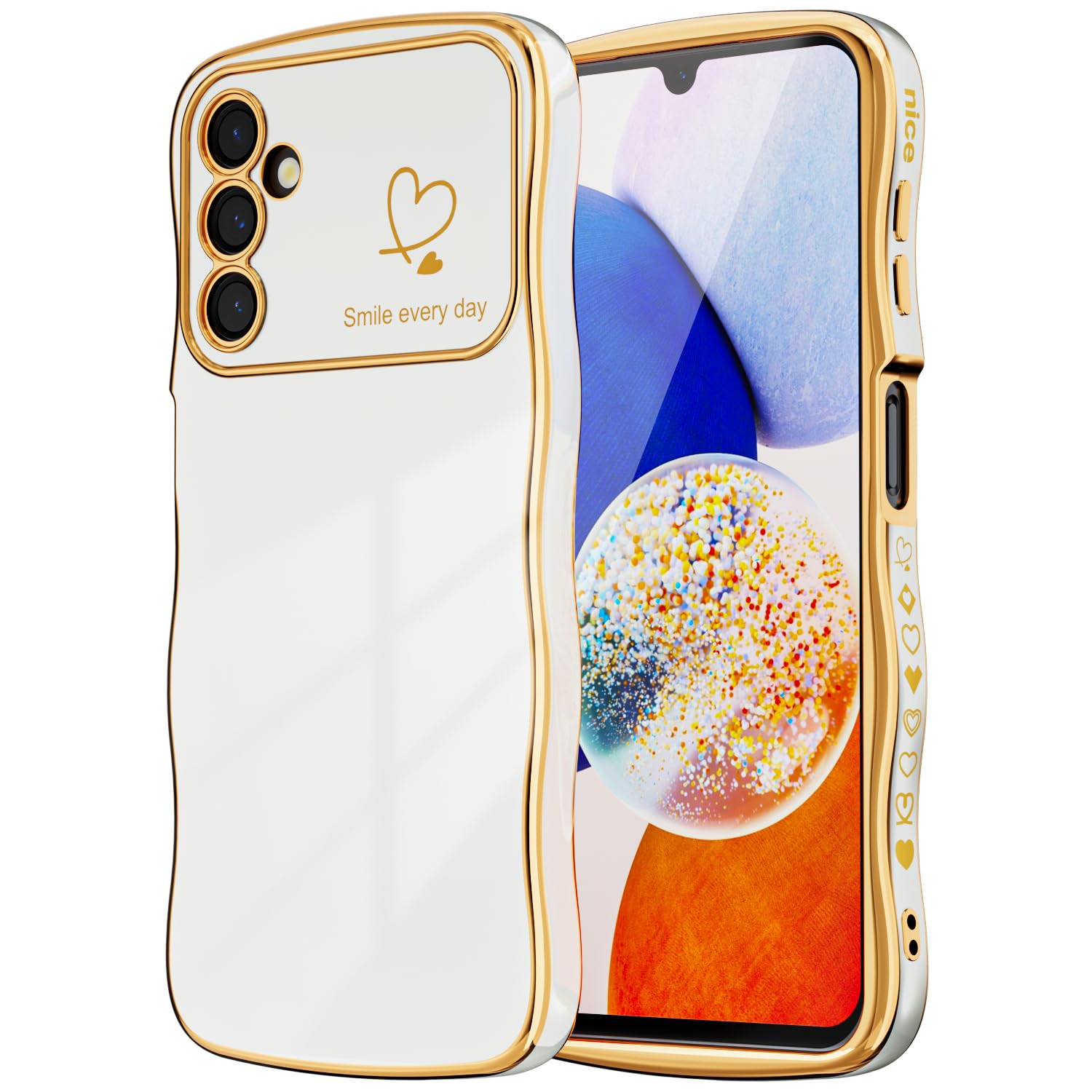 MINSCOSE for Samsung Galaxy A14 5G Phone Case,Luxury Cute Curly Wave Frame with Love Heart Plating Pattern,Raised Full Camera Lens Protection Cover for Women Girls for Galaxy A14 5G-White