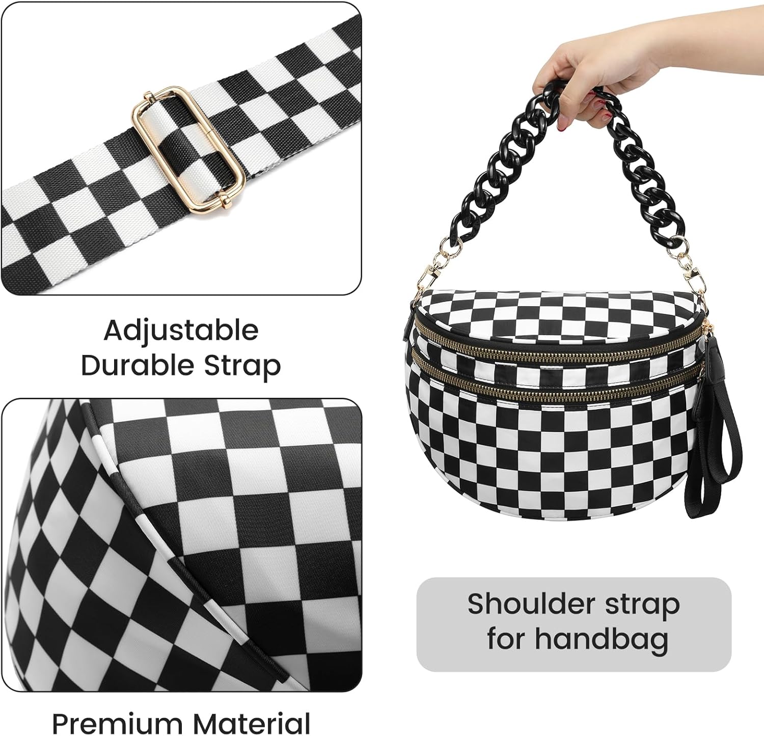 Crossbody Bags for Women Chain Bum Handbag, Checkered Strap Roomy Versatile Mom-Friendly Bag with Multiple Pockets - Image 8