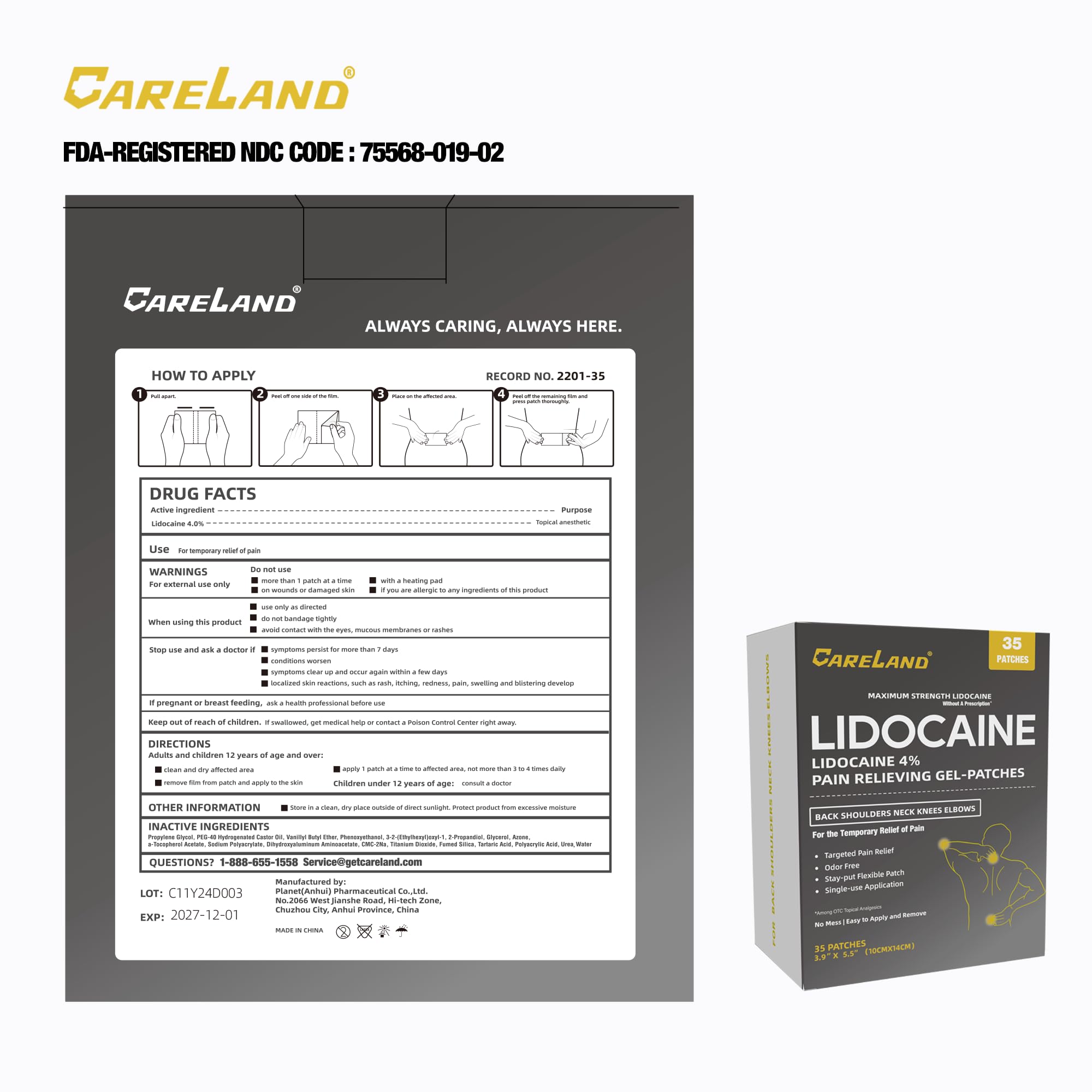 CARELAND 4% Lidocaine Gel Patch, OTC Maximum Strength Pain Relief 35ct Bulk — Amazon image 2