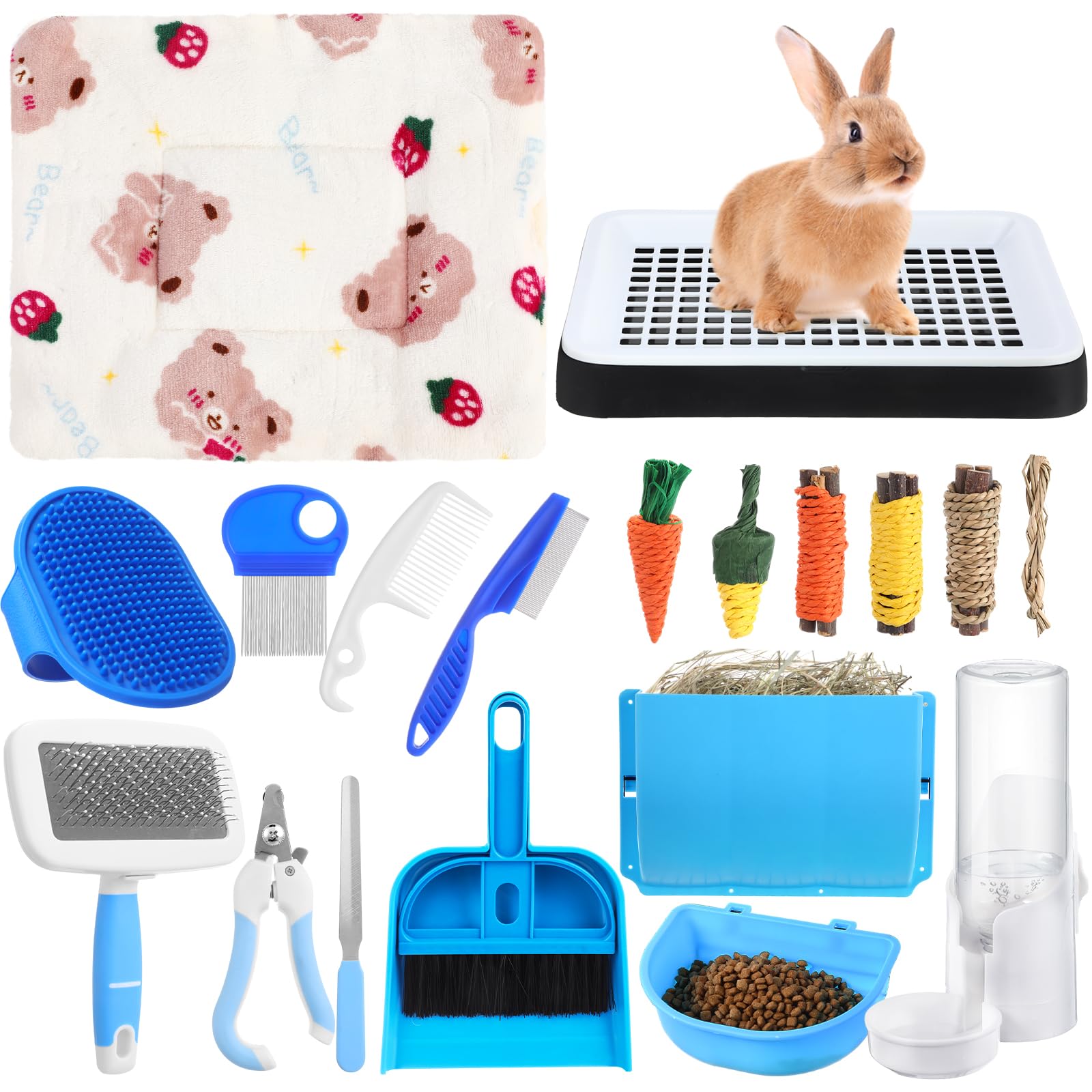 19 Pcs Rabbit Starter Kit Small Bunny Litter Box Rabbit Grooming Kit Water Bottle Bunny Toys Hay Feeder Bowl Blankets with Cleaning Set for Guinea Pig Accessories(Black,Cloud)
