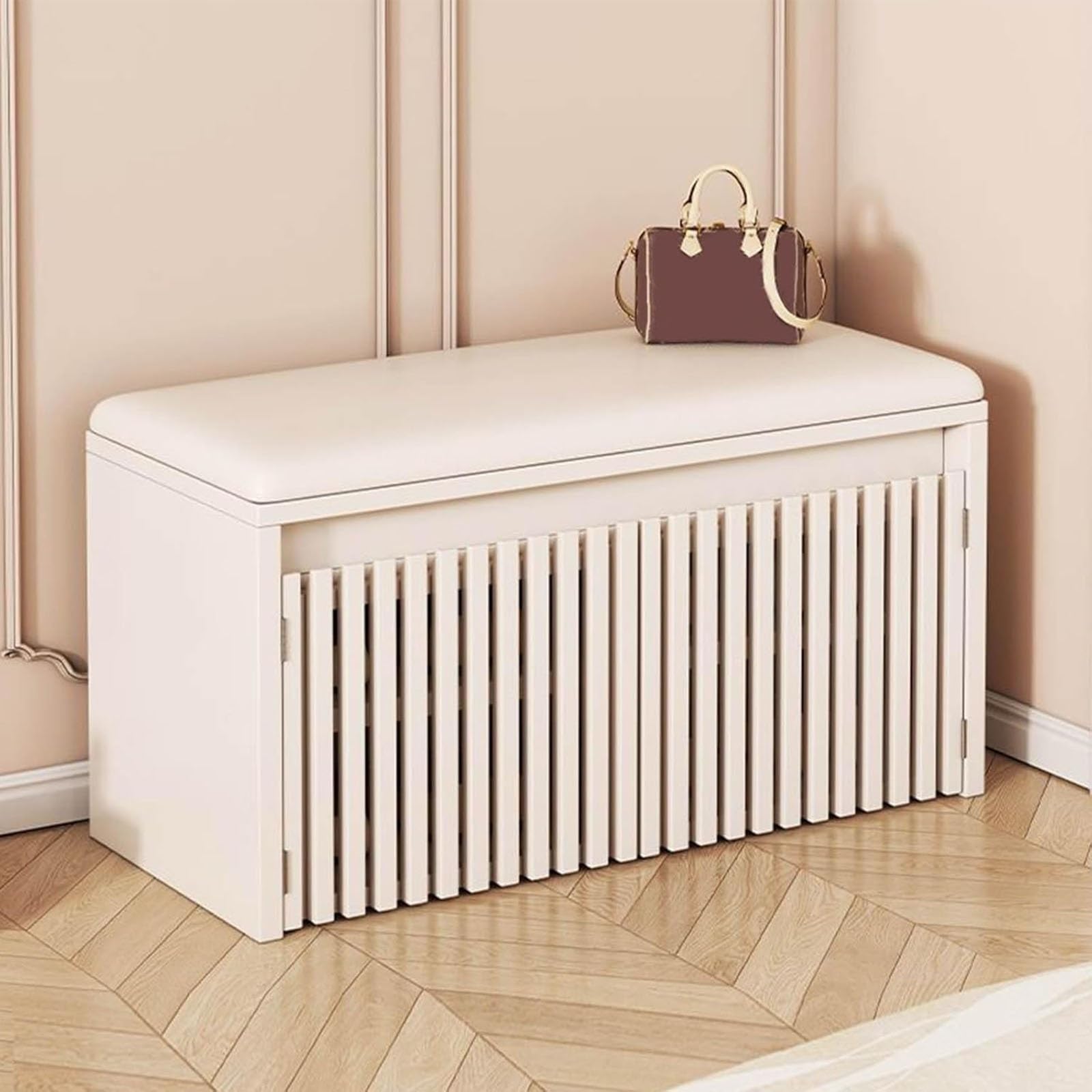MSHGSKU Stylish White Shoe Bench with Cushion 2-Tier Wooden Shoe Rack with Doors Entryway Storage for Hallway Living Room Bedroom – Functional Furniture for nizing Shoes