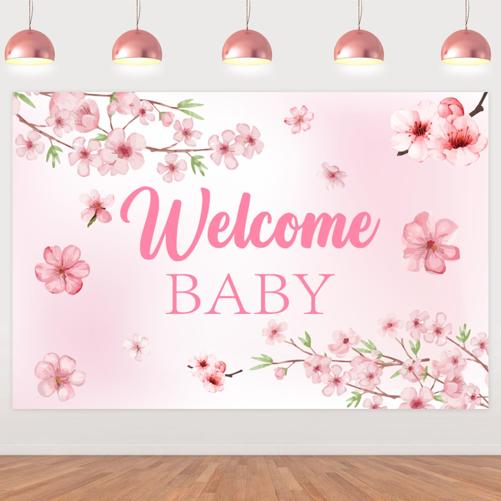Fangleland Cherry Blossom Baby Shower Decorations for Girls, Welcome Baby Backdrop Pink 5x3ft Sakura Photography Background for Baby Shower Gender