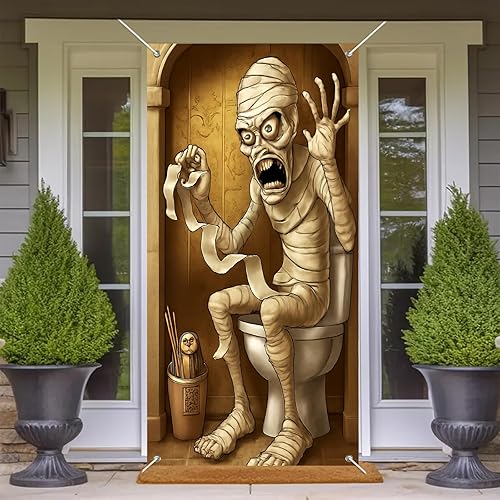 Miniatura 6 de Cubierta de puerta de bienvenida de Halloween de 71 x 35 pulgadas, decoración para interiores y exteriores, decoración de otoño, baño, tema de momia