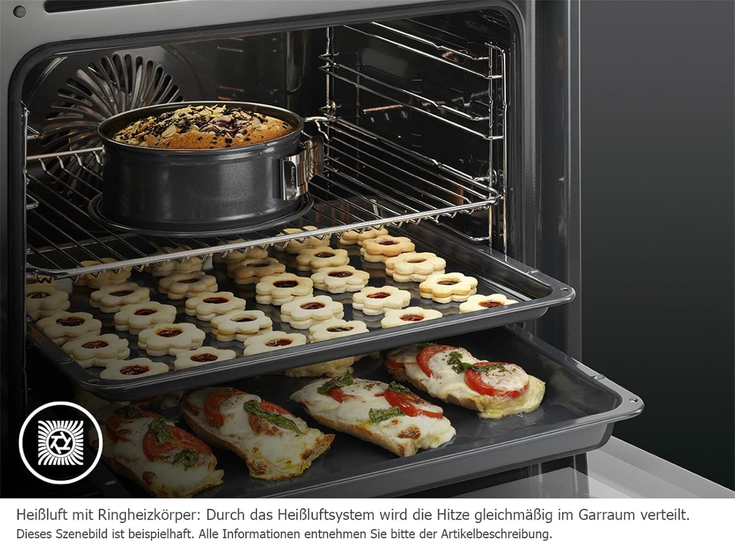Oven interior with multiple dishes cooking on different racks