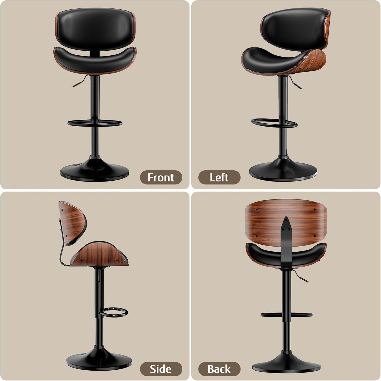Bar Stools Set of 2, Adjustable Swivel Leather Bar Stools for Kitchen Island, Mid Century Modern Counter Height Bar Chairs Barstools with Back & Footrest (Black) Black Set of 2