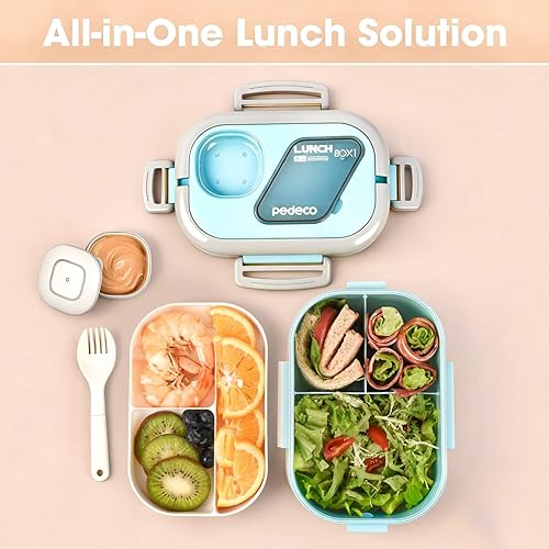 Miniatura 7 de Juego de recipientes de almuerzo Bento para adultos y niños con bolsa aislada, 3 compartimentos a prueba de fugas y contenedor apilable de 2 niveles
