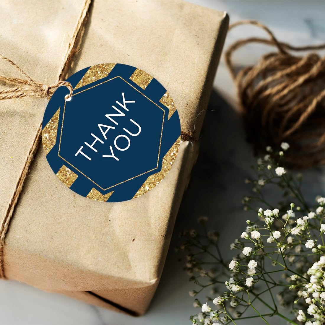 Andaz Press Round Circle Gift Tags, Navy Blue Hexagon Faux Gold Glitter, Thank You, 24-Pack, Colored Party Favors and Decorations