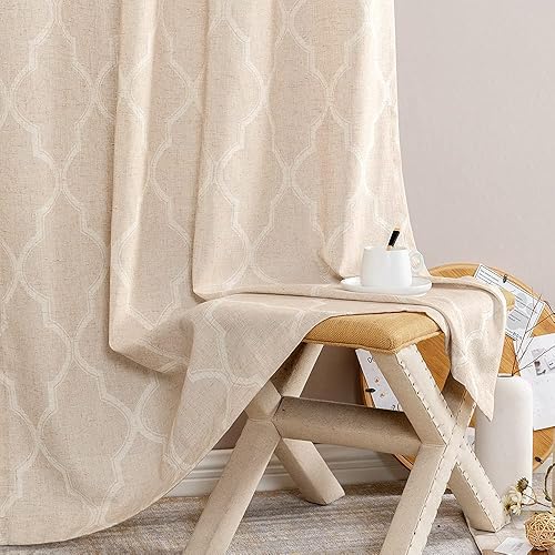 Miniatura 6 de Jinchan - Cortinas con estampado marroquí, mezcla de lino texturizada, con ojales, juego de 2 paños para habitación, Beige