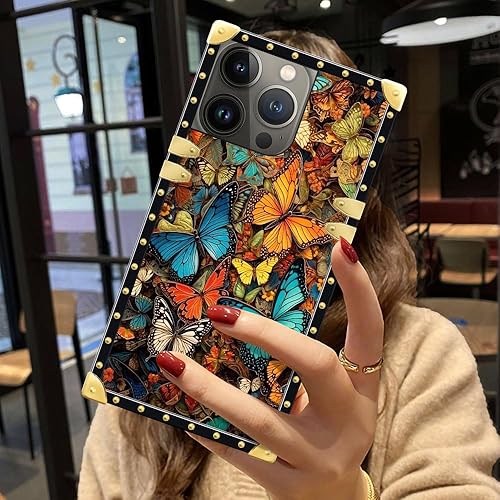 Miniatura 6 de DAIZAG Funda compatible con iPhone 15 Pro Max, Valle de las Mariposas para niñas y mujeres, decoración cuadrada de esquinas de metal, TPU suave, a