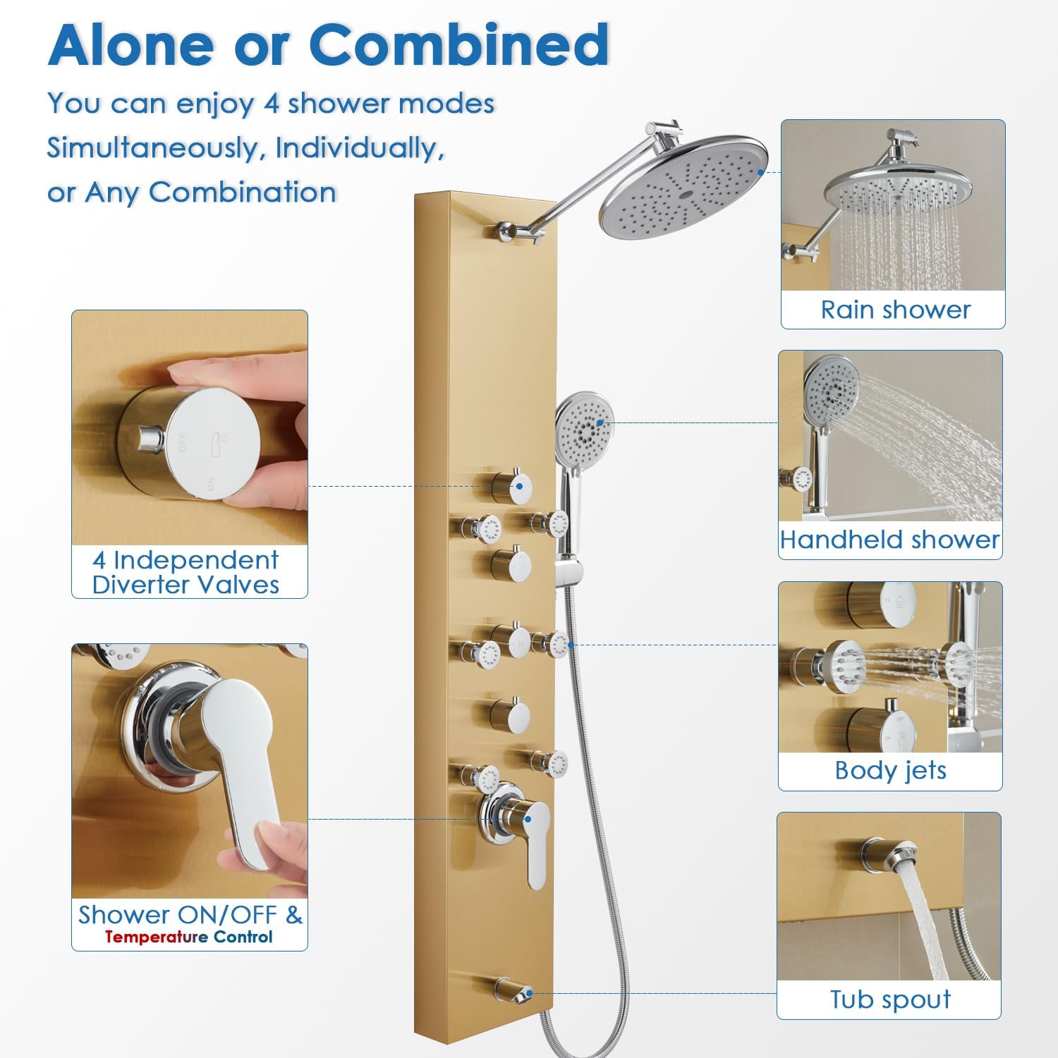 rovogo gold shower panel tower system, 4-function (rain shower, handheld sprayer, body jets, tub spout) with simultaneous use option, stainless steel shower column with adjustable head, 43.3" gold-adjustable rain head