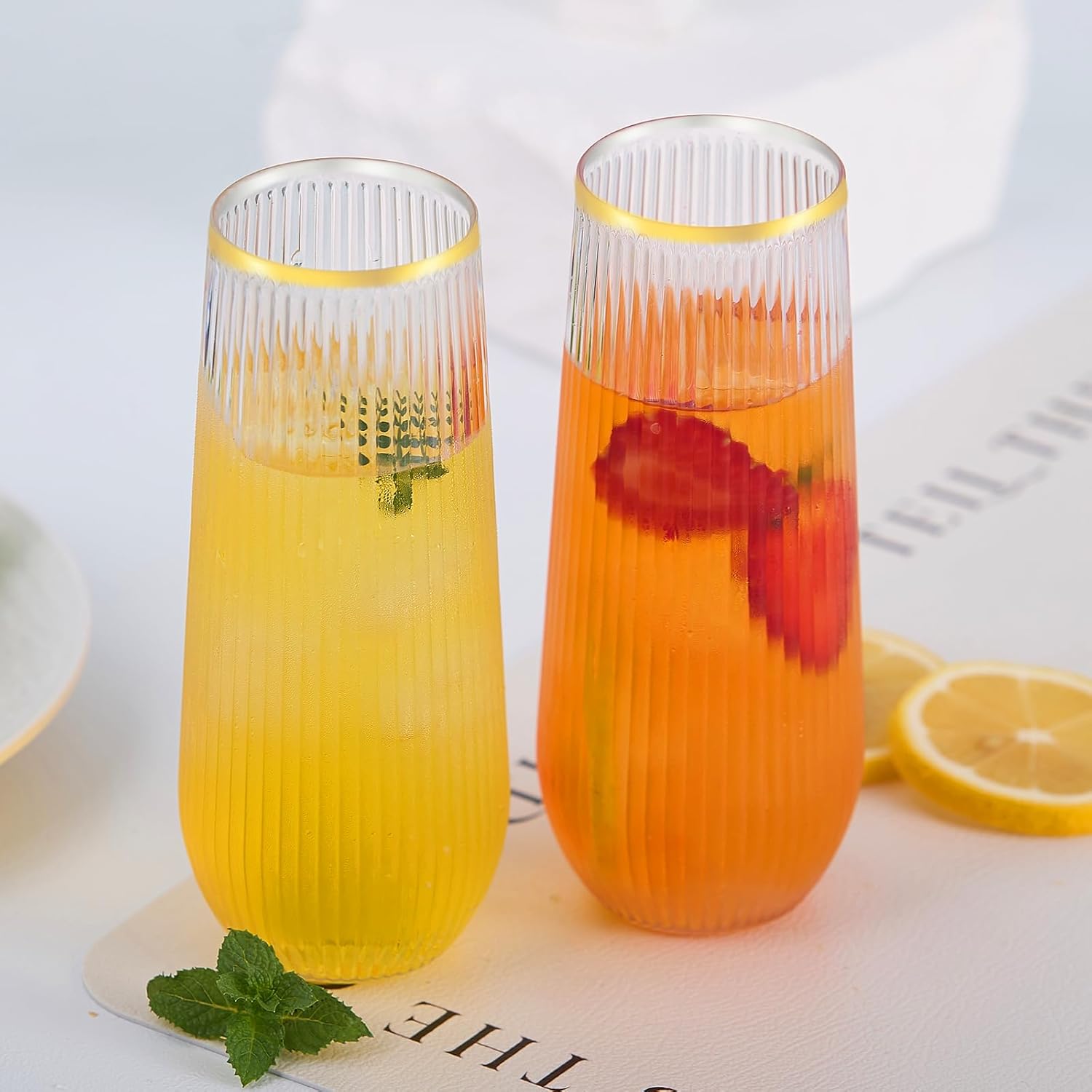 48 Pack Plastic Ribbed Champagne Flutes, 9 Oz Stemless Disposable Gold Rim Clear Plastic Toasting Glasses Shatterproof Recyclable and BPA-Free Perfect For Wedding - Image 9