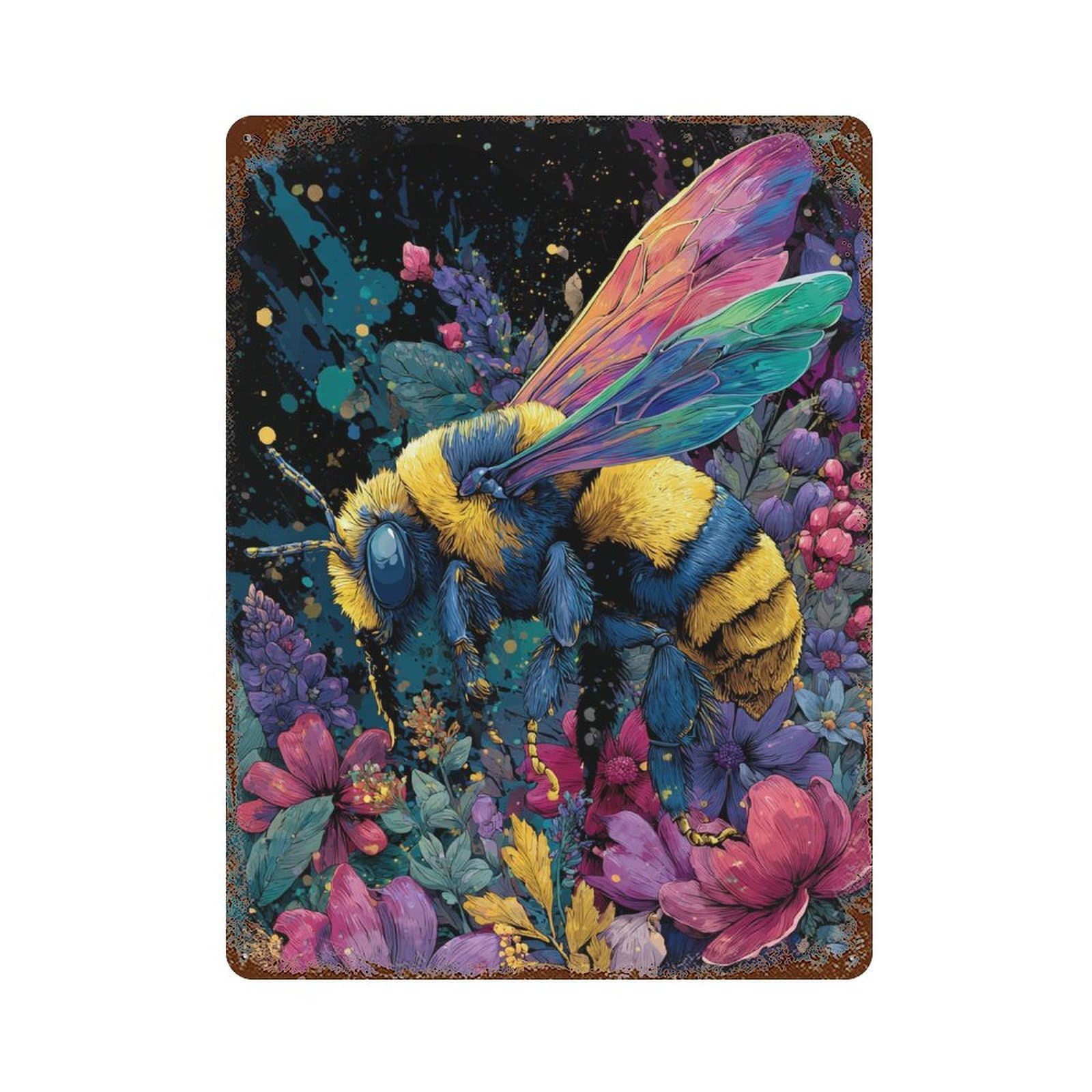 Colorful Bee Garden Art Print Vintage Wall Sign 15.7"x11.8", Rust Effect Metal Decor for Office, Studio And Wall Decor