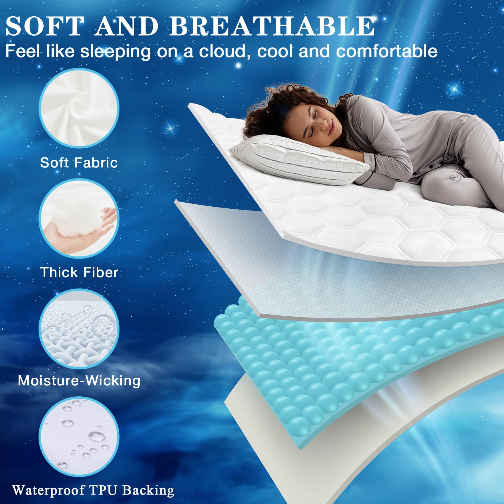 Waterproof Mattress Protector Queen Size, Cooling Hypoallergenic Bed Mattress Cover, Soft Breathable Quilted Mattress Pad with Deep Pockets to 21 inches