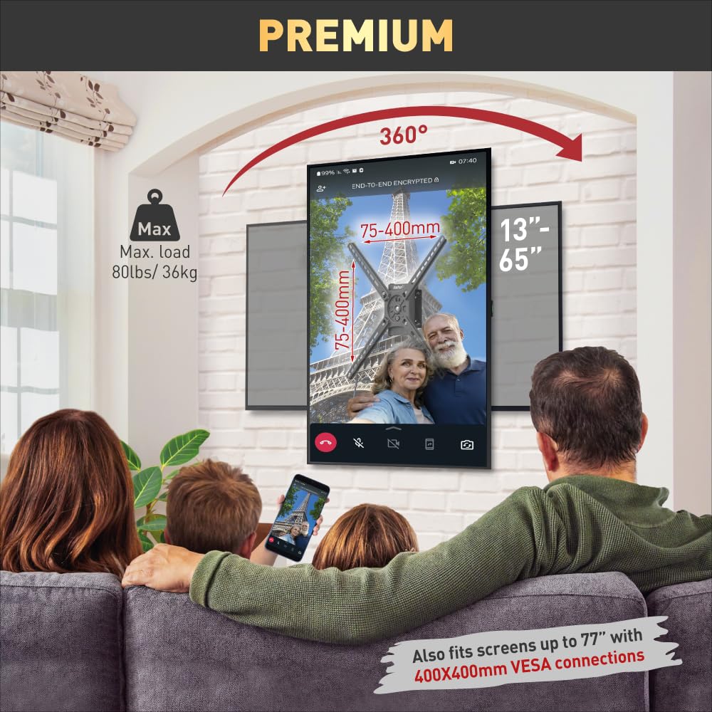 Barkan Supporto da parete per TV da 13 a 65 pollici, rotazione orizzontale/verticale, supporto per schermo piatto/curvo, supporta fino a 36,3 kg, blocco automatico brevettato, adatto per LED OLED LCD