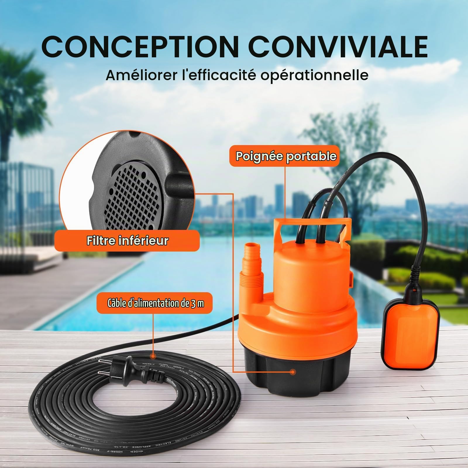 VEVOR Pompe utilitaire, 320 W, pompe à eau submersible portable, 6000 L/H de haut débit, hauteur de levage 7 m, avec cordon d'alimentation 3 m pour drainer l'eau de la piscine, du jardin, du sous-sol