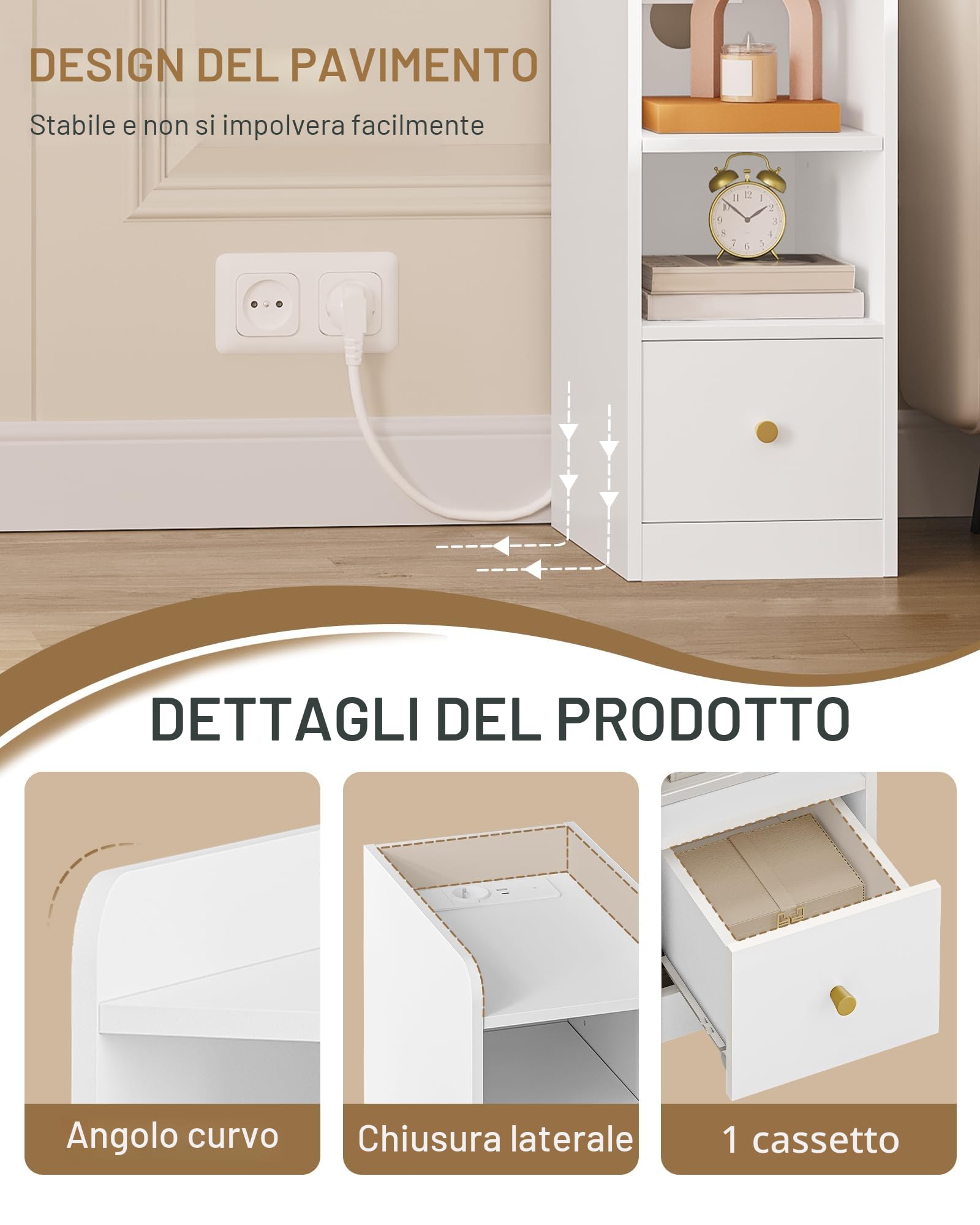 Hzuaneri Comodino Set di 2, con Stazione di Ricarica, Porta USB e di Tipo C, Tavolini Stretto, Spazio di Archiviazione a 3 Livelli con 1 Cassetto, per Camera da Letto, Soggiorno, Bianco NS36503X