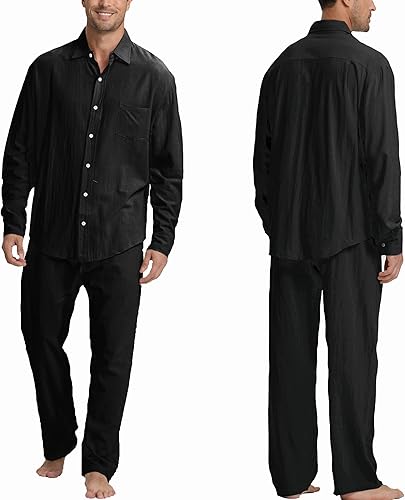 Miniatura 9 de YAOGRO Conjuntos de lino para hombre 3 piezas de camisas de playa con botones pantalones sueltos casuales de manga corta para caminar