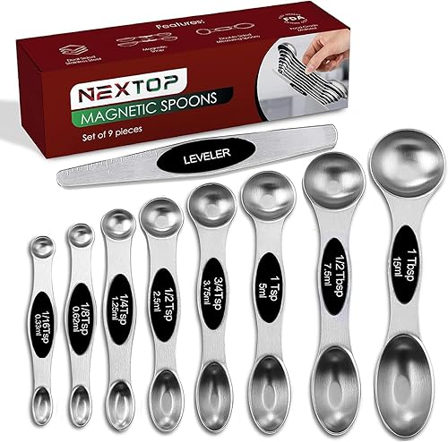 Miniatura 14 de Juego de 9 cucharas medidoras magnéticas de acero inoxidable, apilables, de doble cara, cucharas medidoras para medir ingredientes secos y líquidos,