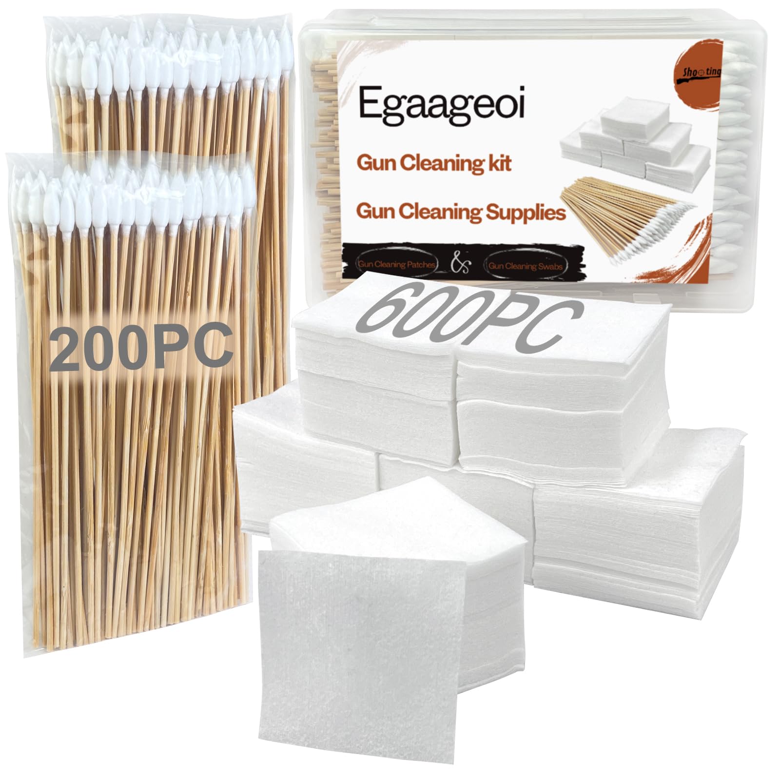 Egaageoi Gun Cleaning Patches and Pointed Swabs with Storage Box - Lint-Free Gun Cleaning Supplies for Shooting Practice, Range Match, Hunting Prep - Compatible with .22 to .45 Cal, 9mm, .30 Caliber