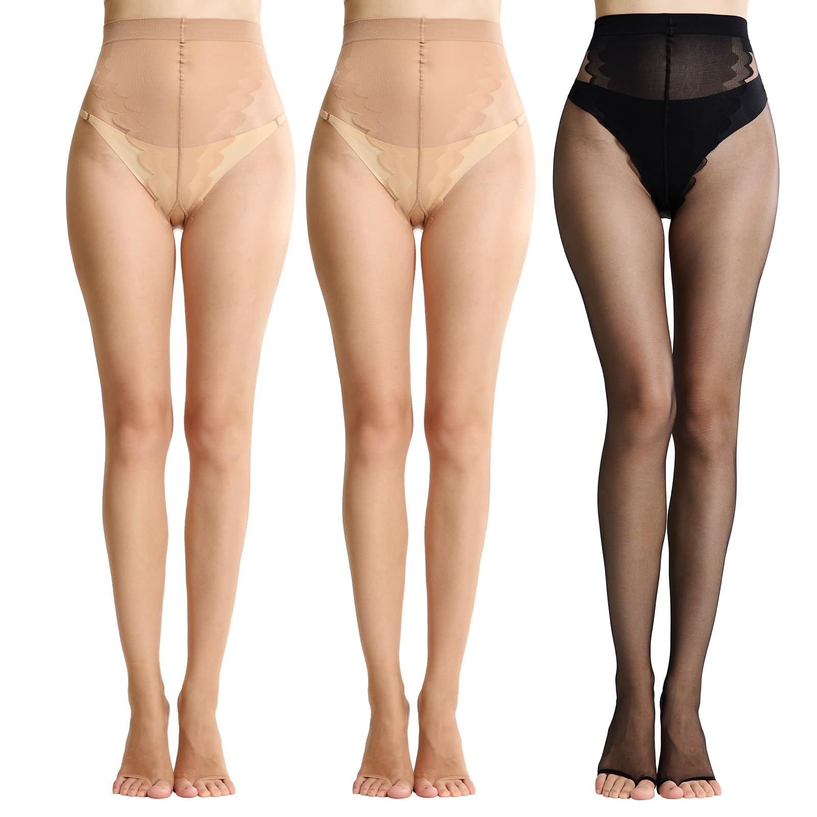 MANZI Ultra Sheer Open Toe Tights Matt Toeless Pantyhouse for Women 10D 2 Pairs Natural+1 Pairs Black L