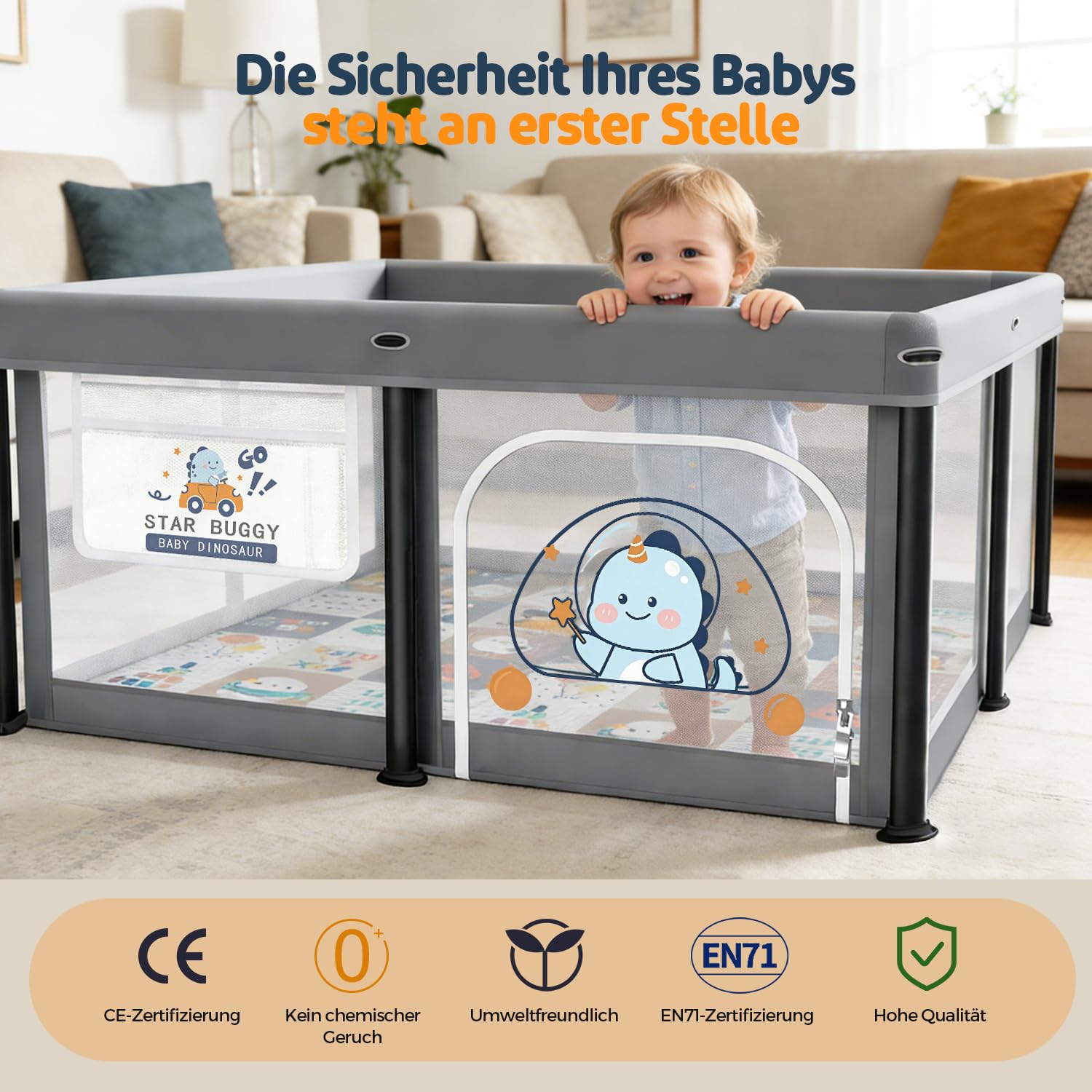 Box Bambini Pieghevole con Materasso 127×127cm, Recinto per Neonati e Bambini, Box Gioco Stabile e Sicuro per Interni ed Esterni