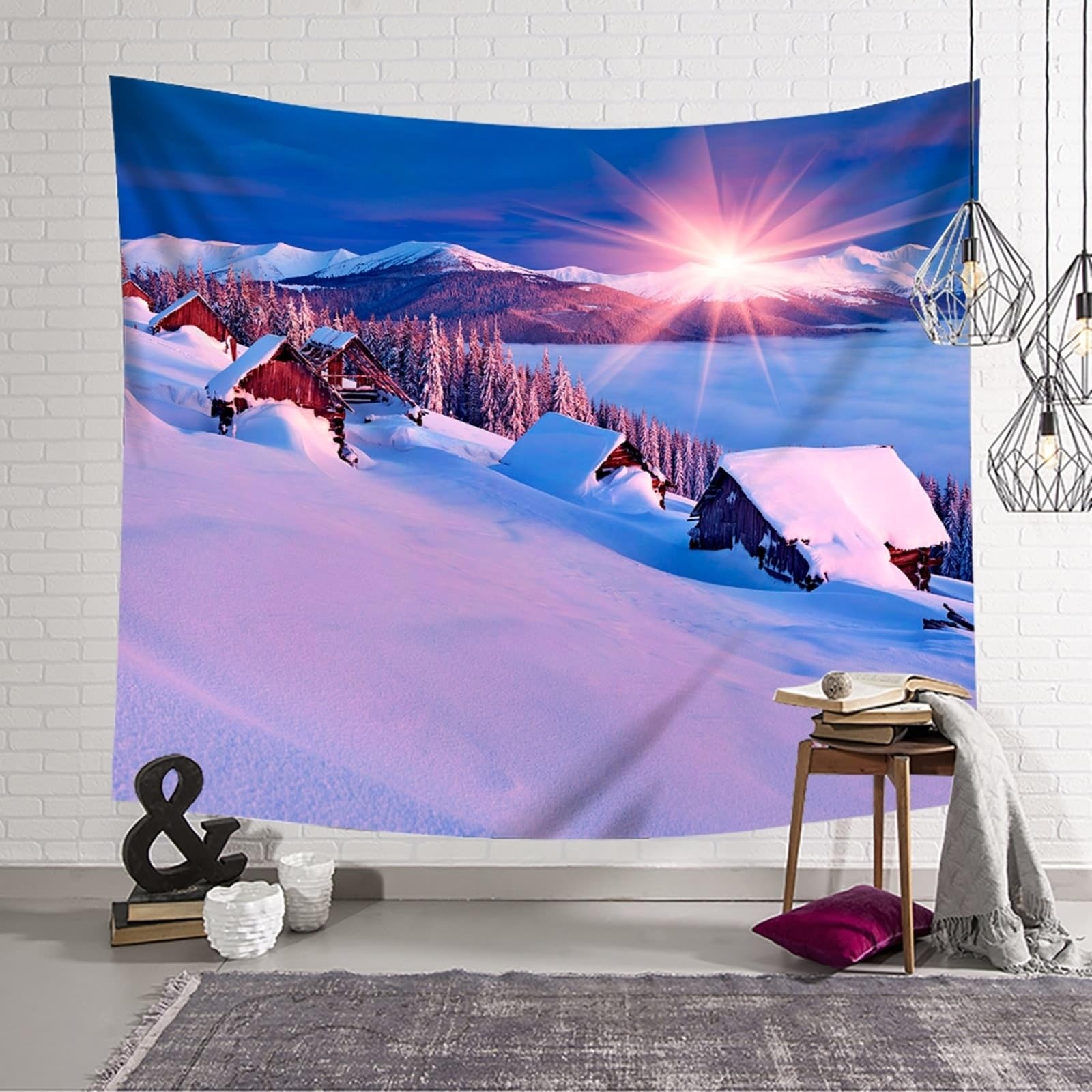Skcess Gobelin ścienny do salonu poliester, ciemnoniebieski biały pejzaż śnieżny gobelin ścienny do biura 240 x 220 cm