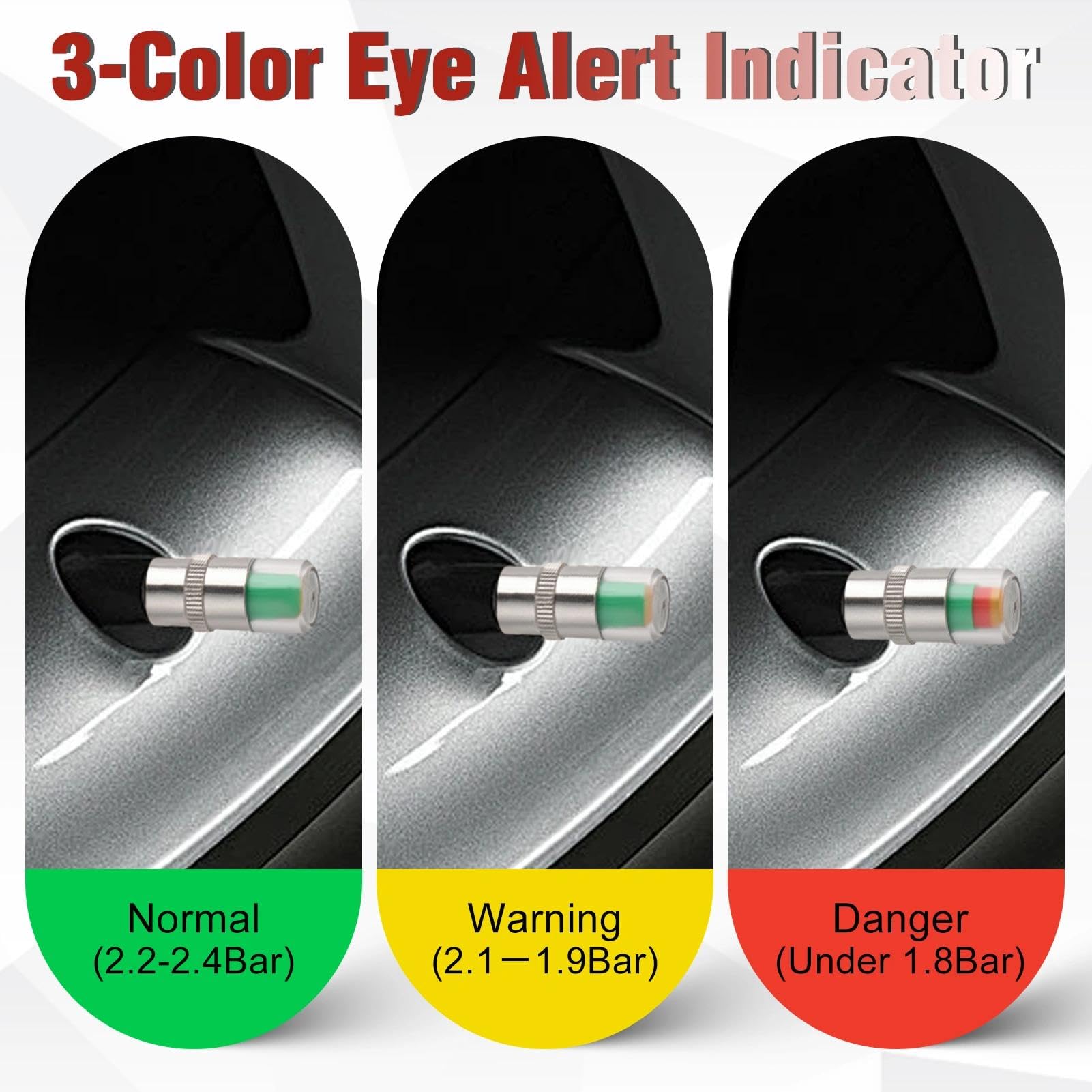 12 PCS Tire Pressure Monitor Valve Stem Caps with Box, 2.4Bar 36PSI, 3-Color Eye Alert Sensor Indicator, Universal Fit for Car SUV Truck Motorcycle Bicycle - 4