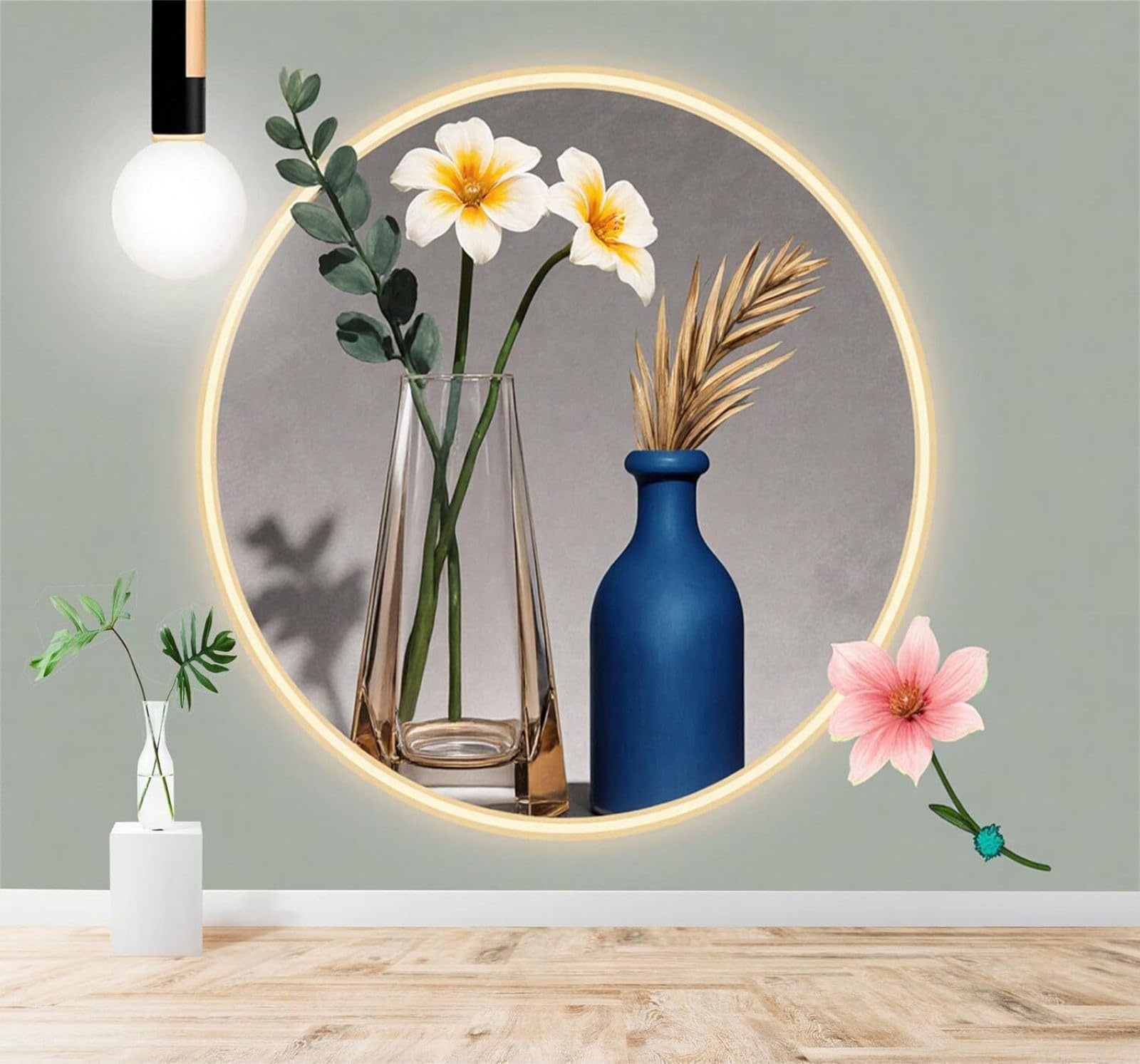 Tzxztt Minimalist Blue Vase Warm Light Plants Art Modern 3D Wallpaper Premium Textured Silk Neutral Tones Material Ideal for Living Room Bedroom-250cm×170cm