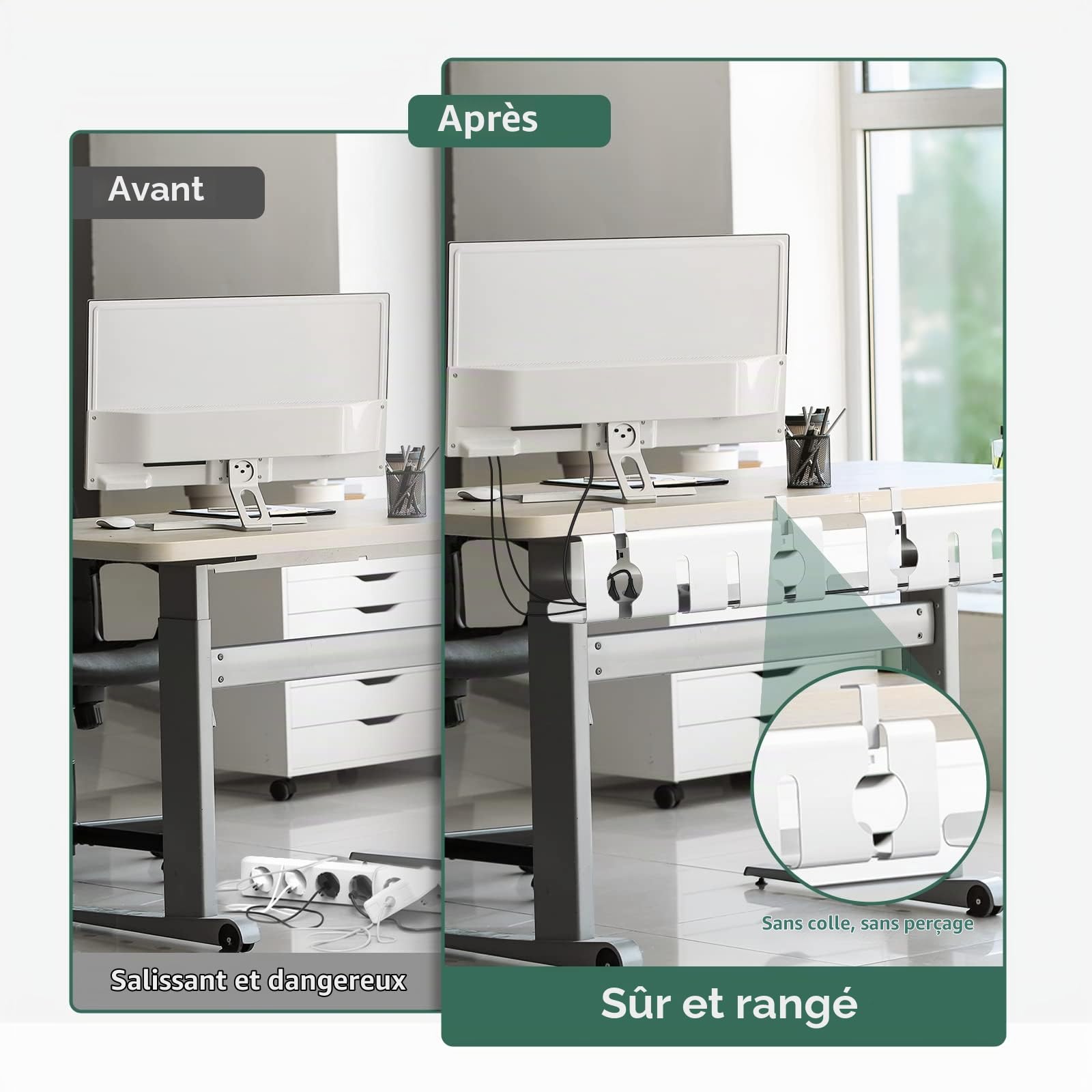 Goulotte de câbles de bureau - Lot de 2 - Gestion des câbles de bureau sans perçage - 43 cm Support de câbles Goulotte de câbles Table avec accessoires - Passe-câbles pour l'ordre sur le lieu