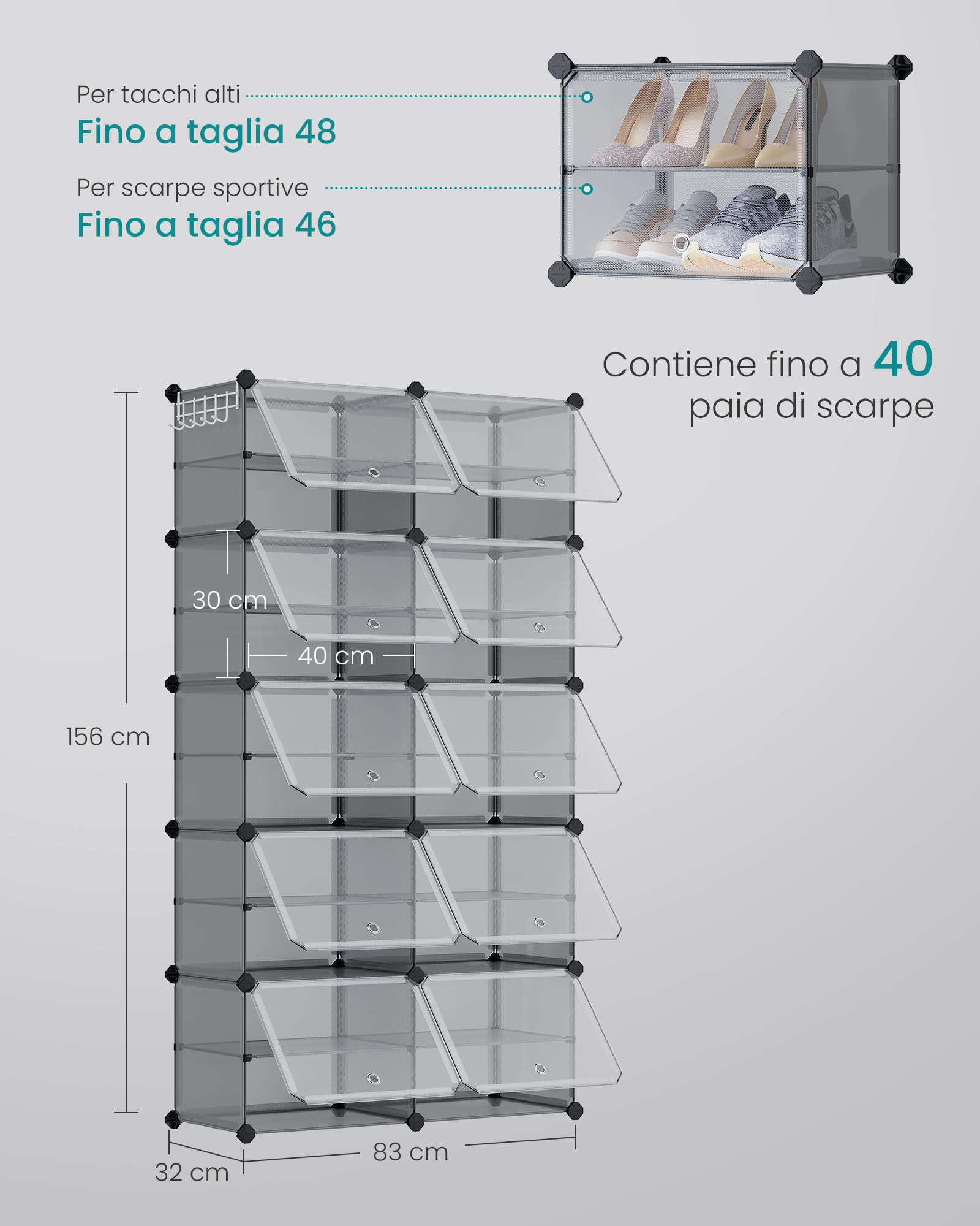 SONGMICS Scarpiera, Scaffale Modulare a 10 Scomparti per 40 Paia di Scarpe da Ingresso, con Sportelli, Telaio in Acciaio e Ripiani in Plastica, Camera da Letto, Grigio Ardesia e Trasparente LPC035G01 | 30 x 40 x 30 cm per scomparto, acciaio, plastica PP,