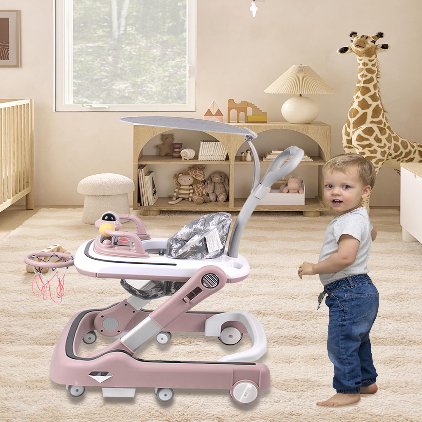 Andador plegable para bebé, andador con parasol, apto para 6-36 meses, altura ajustable, modo de música, modo de entretenimiento (65 x 57 x 80 cm), color rosa