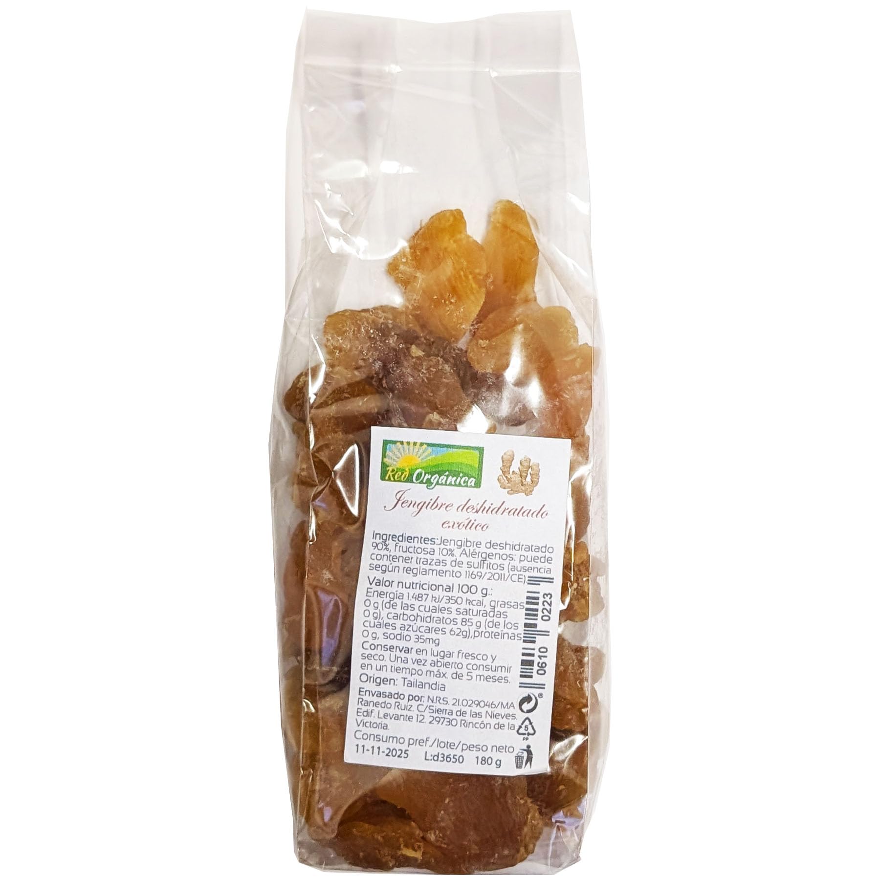 Jengibre Exótico Deshidratado 180 g Red Orgánica – Snack Natural con 10% de Fructosa, Vegano, Rico en Fibra y Antioxidantes, Ideal para Infusiones, Batidos y Repostería Saludable