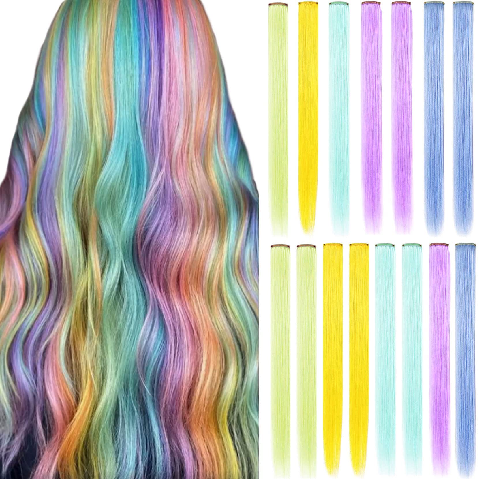 MAKINGTEC 20 PCS 21 Inch Colored Hair Extensions Clip In For Women Girls Hiar Accessories Wig Pieces Synthetic Rainbow Hair Extensions (Light rainbow color)