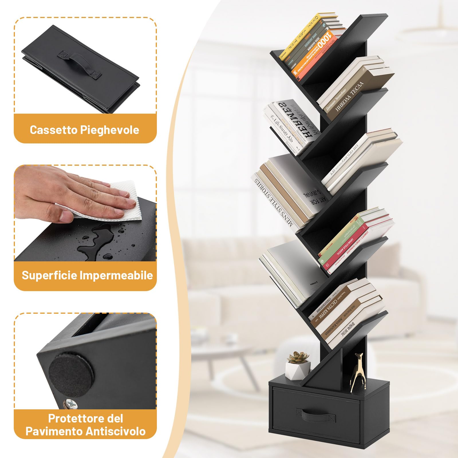 COSTWAY Libreria ad Albero in Legno, Scaffale a 10 Ripiani con Cassetto, Portaoggetti Autoportante per Soggiorno, Studio e Ufficio, 38 x 21,5 x 149,5 cm (Nero)