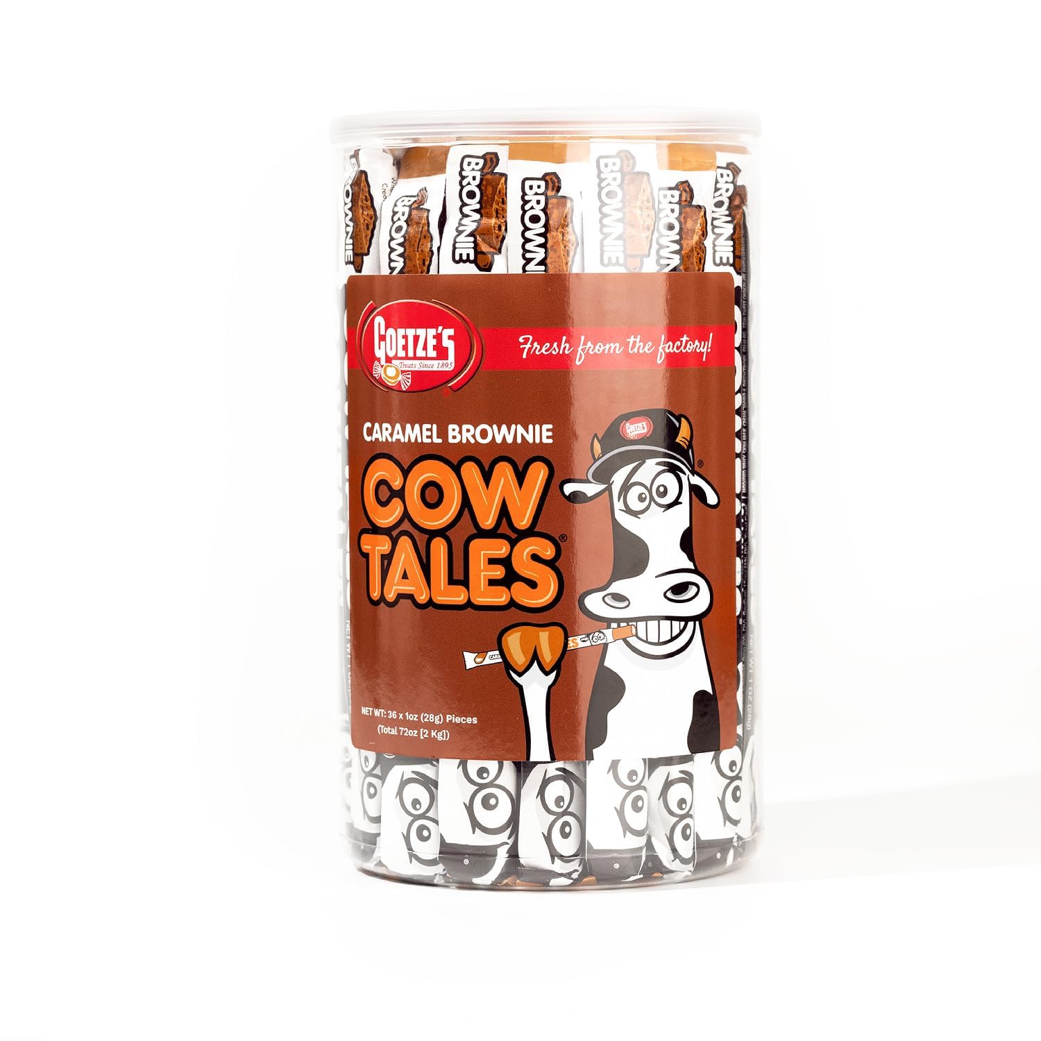 Goetze's Candy Caramel Brownie Cow Tales - 2.25 Pound Canister (36 Ounces) - Fresh from the Factory