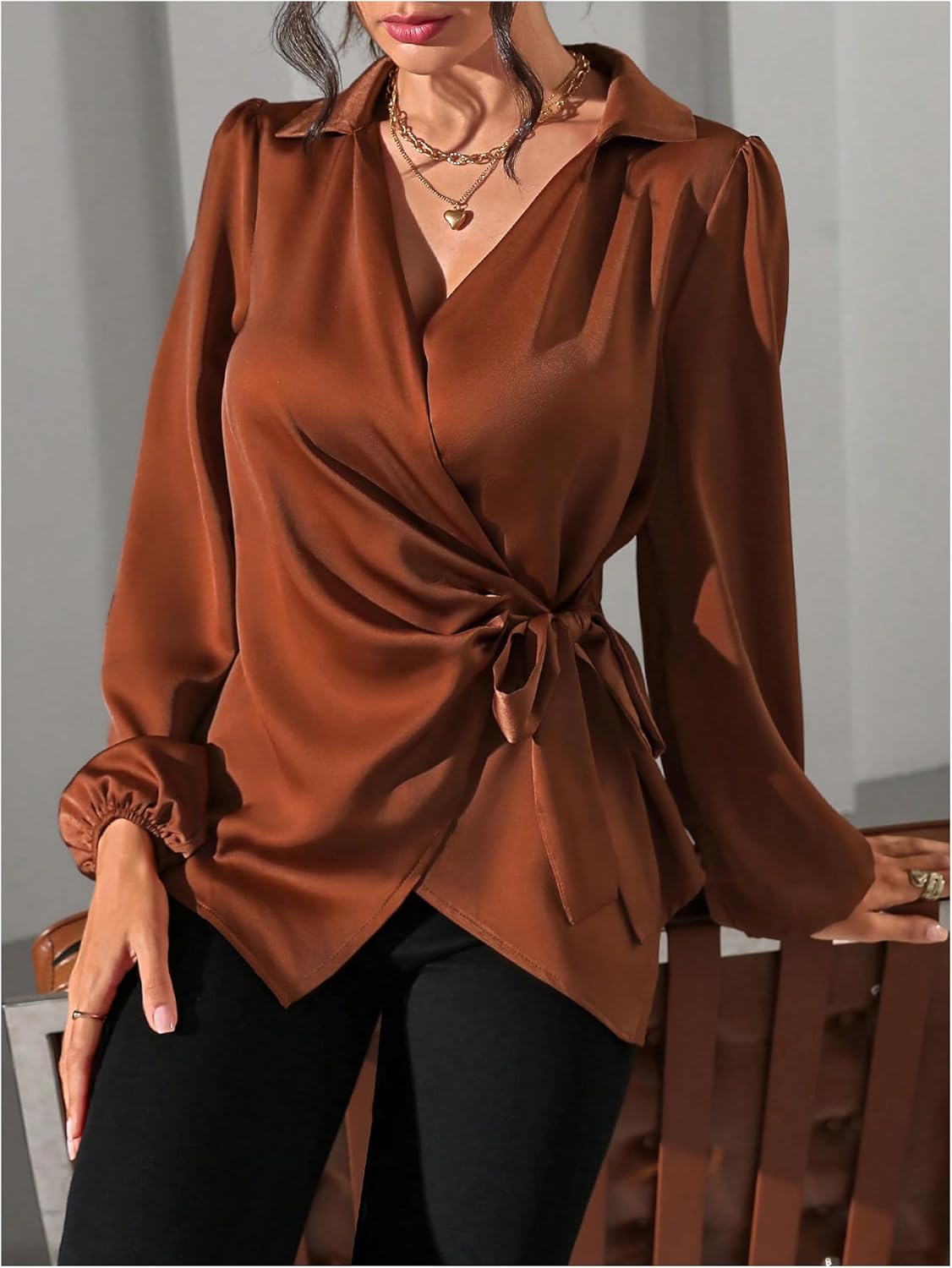 SweatyRocks Women's Wrap Satin Blouse Tie Knot Bishop Long Sleeve Elegant Business Work Shirts - Image 5