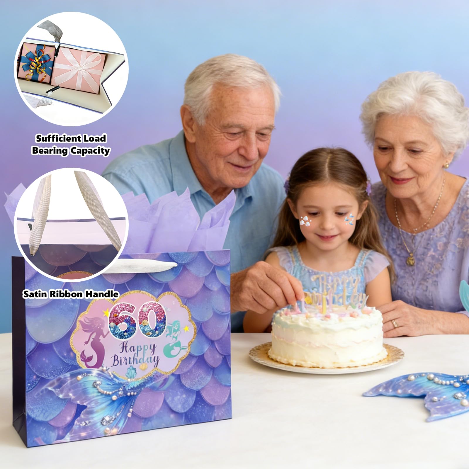 Fieoriia Birthday Gift Bags | Mermaid-themed gift bags with handles; includes cards, tissue paper, face decorations, and stickers. Suitable party supplies for women and girls aged 1-100. 1 pack